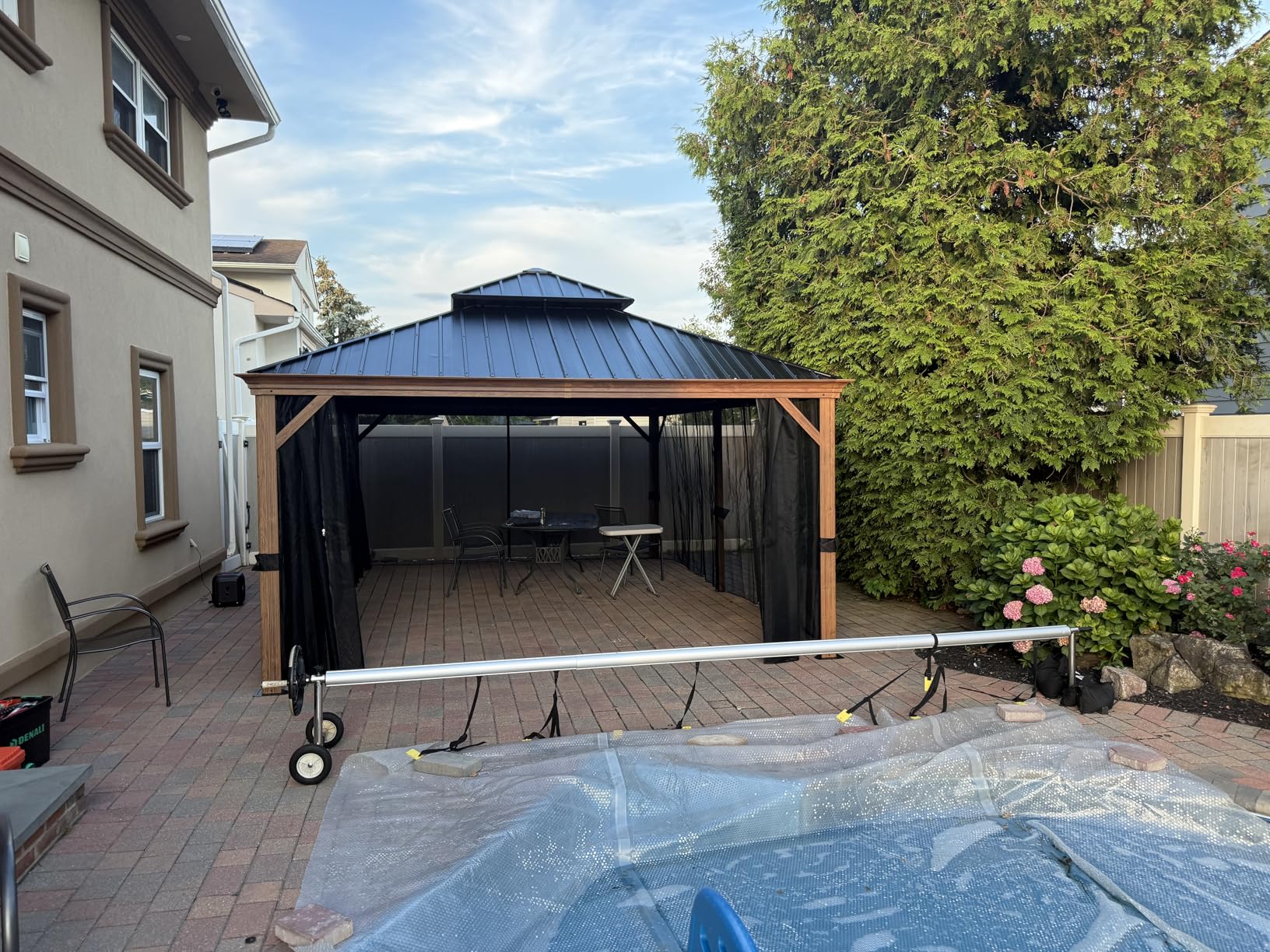 PURPLE LEAF 14' X 16' Outdoor Hardtop Gazebo for Patio Galvanized Steel Double Roof Permanent Canopy Teak Finish Coated Aluminum Frame Pavilion Gazebo with Netting and String Lights customer photo 2