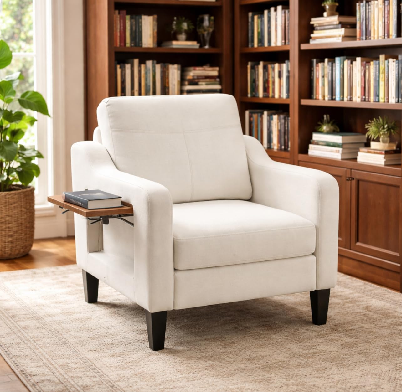 Accent Chair for Living Room Modern Linen Upholstered Armchair Side Wooden Fabric Sofa Chair with Foldable Table 2 Side Pockets Comfy Reading Chair for Bedroom customer photo 2