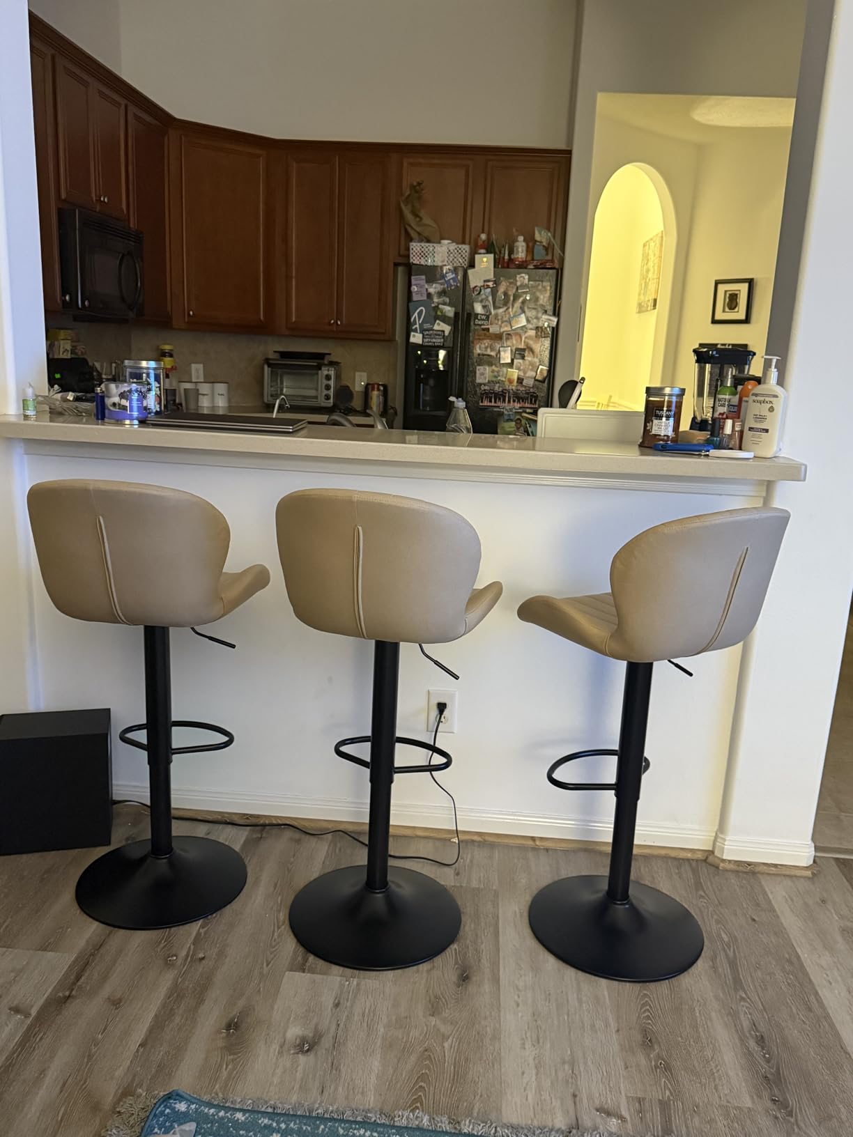 Sweetcrispy Bar Stools Set of 2, Modern Swivel Bar Chairs, Adjustable Fabric Upholstered Barstools Counter Height with Backrest for Bar, Kitchen Island, Dining Room, Beige customer photo 2