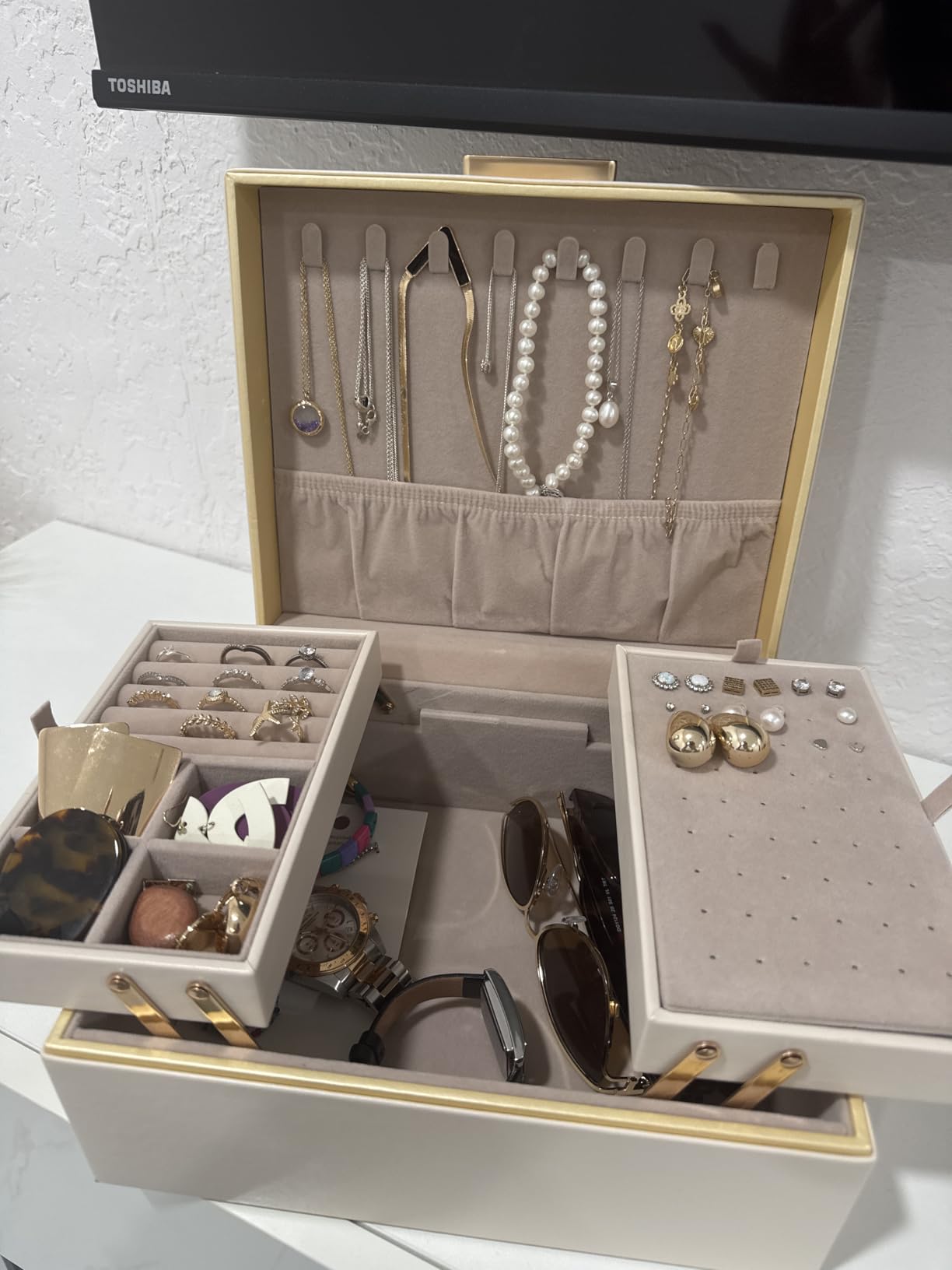 Lolalet Jewelry Box Organizer for Women Girls, 2 Layer Jewelry Organizers and Storage for Necklace Earrings Rings Bracelets, Large Jewellery Holder Case Birthday Valentine Gifts -Cream customer photo 1