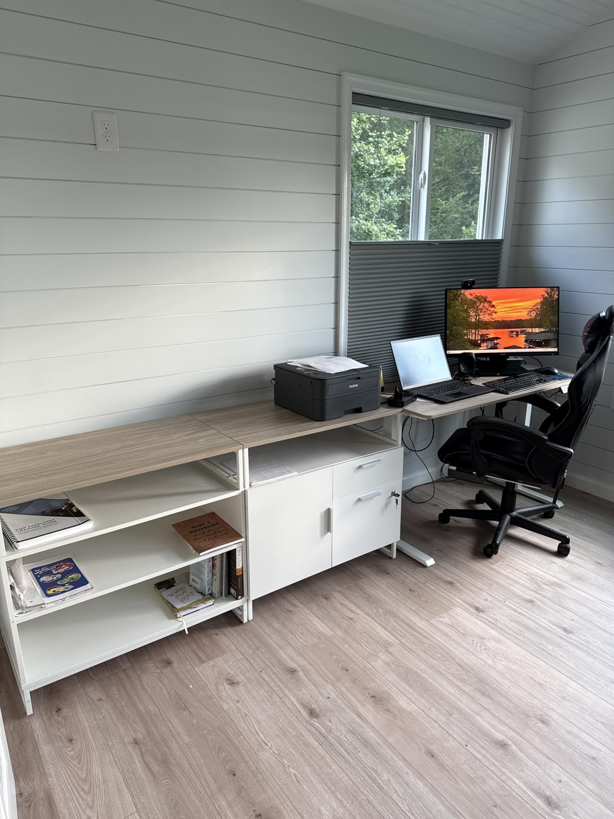 FEZIBO L Shaped Standing Desk with Drawers and Shelves, Executive Electric Standing Desk Adjustable Height, Sit Stand Table 66 inch Dark Walnut customer photo 1