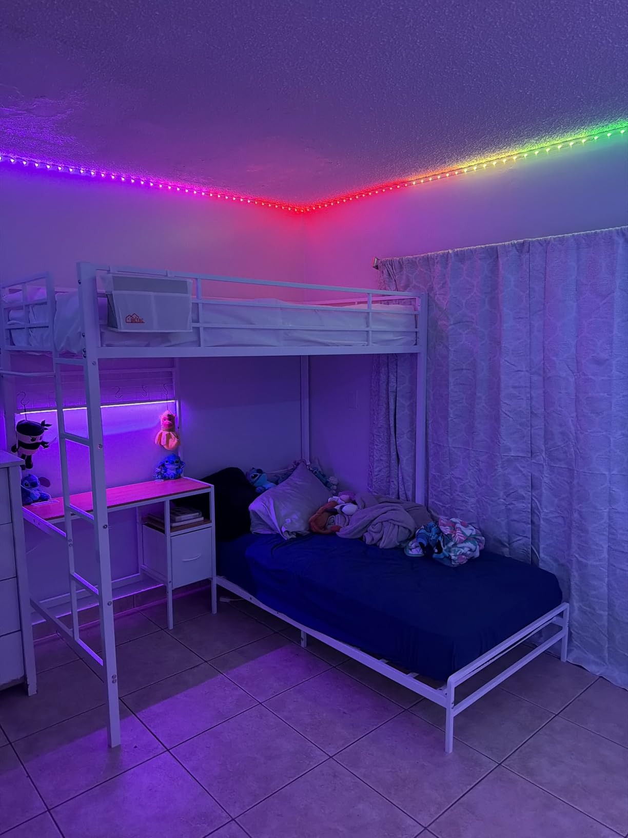 DICTAC Twin Over Twin Bunk Bed with Desk,Led Lights and Charging Station Metal L-Shaped Bunk Beds with Storage Drawers and Shelves, Loft Bed with Safety Guardrail and Ladder for Kids and Teen,White customer photo 1