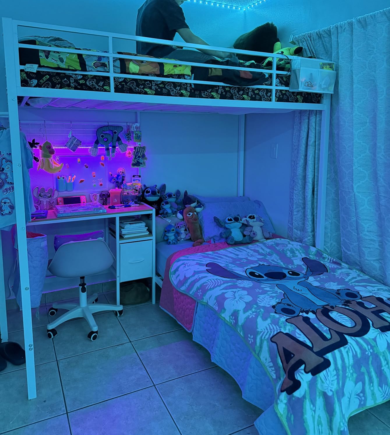 DICTAC Twin Over Twin Bunk Bed with Desk,Led Lights and Charging Station Metal L-Shaped Bunk Beds with Storage Drawers and Shelves, Loft Bed with Safety Guardrail and Ladder for Kids and Teen,White customer photo 2