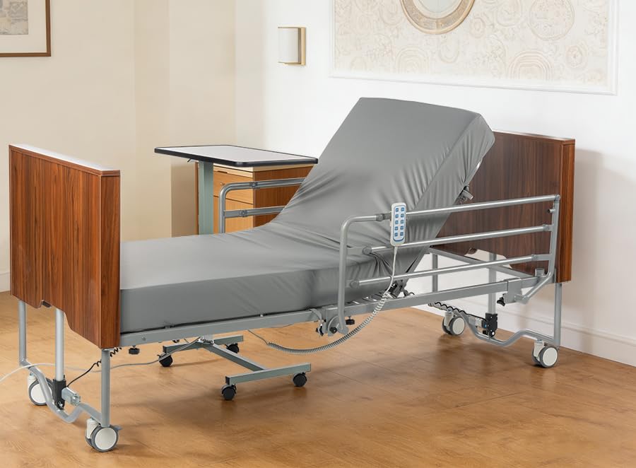 Hospital Bed with 5 Electric Functions, Ultra Low Electric Medical Bed with Movable Dining Table & 6