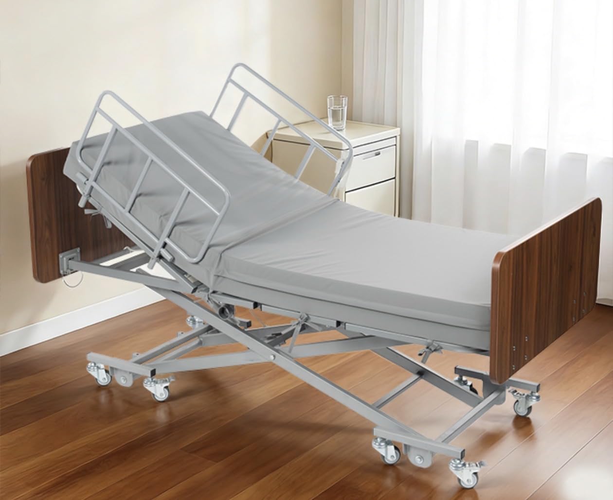 Hospital Bed with 5 Electric Functions, Ultra Low Electric Medical Bed with Movable Dining Table & 6