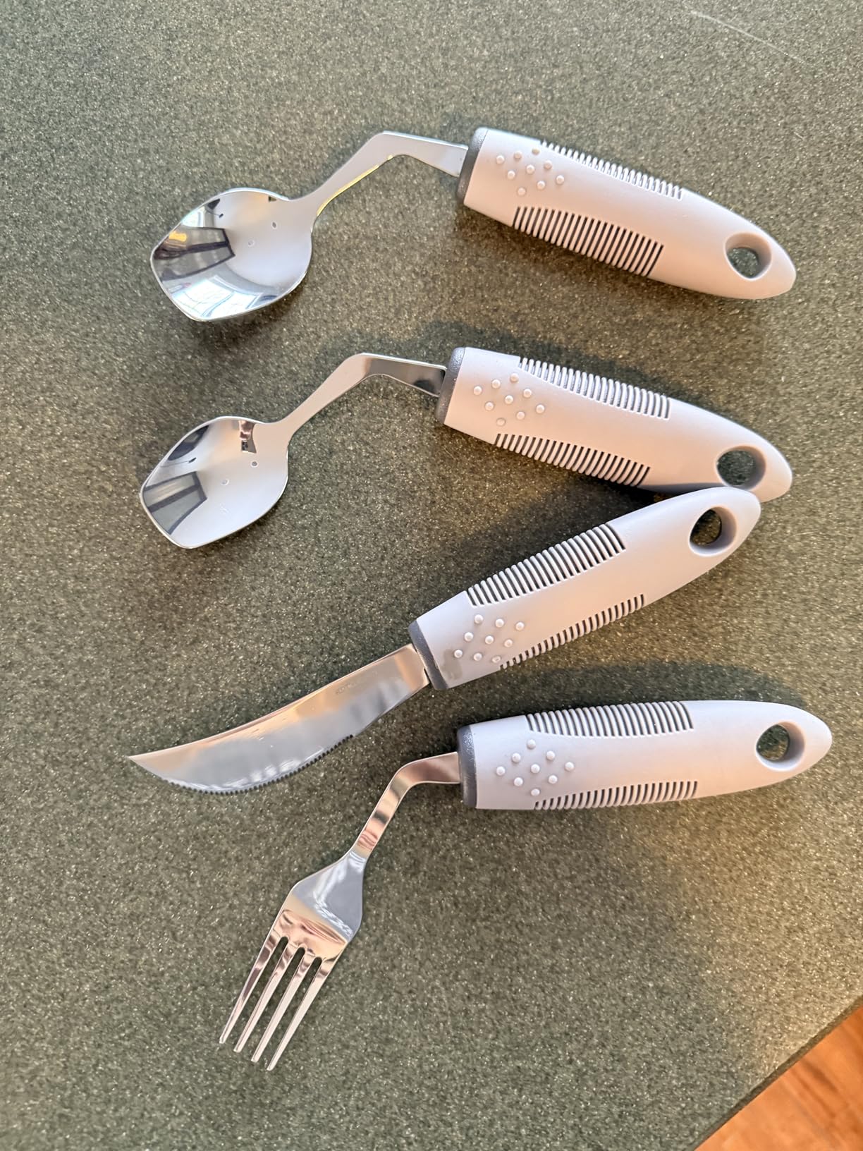 4-Piece Adaptive Utensils Set with Rocker Knife & Shovel Spoon - 42° Angled Parkinsons Utensils, 2.5 oz Weighted Silverware for Hand Tremors and Arthritis, Adaptive Eating Utensils (Grey Right-handed) customer photo 1