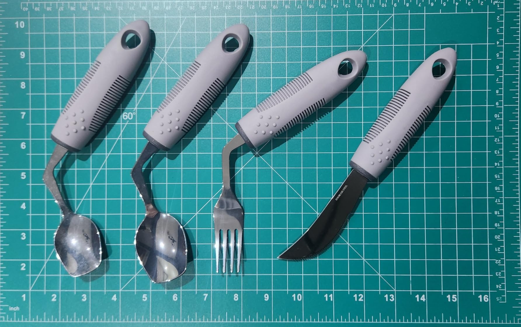 4-Piece Adaptive Utensils Set with Rocker Knife & Shovel Spoon - 42° Angled Parkinsons Utensils, 2.5 oz Weighted Silverware for Hand Tremors and Arthritis, Adaptive Eating Utensils (Grey Right-handed) customer photo 2