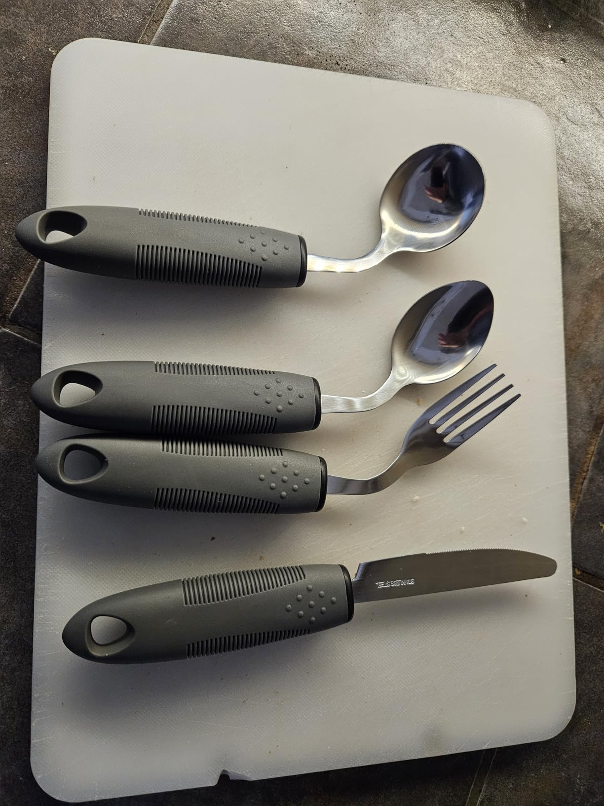 Adaptive Utensils for Elderly 4 Piece, 2.9 oz Weighted Silverware for Hand Tremors, 45°Angled Parkinsons Utensils for Elderly, Arthritis, Weak Hand Grip, Right-Handed Use customer photo 1
