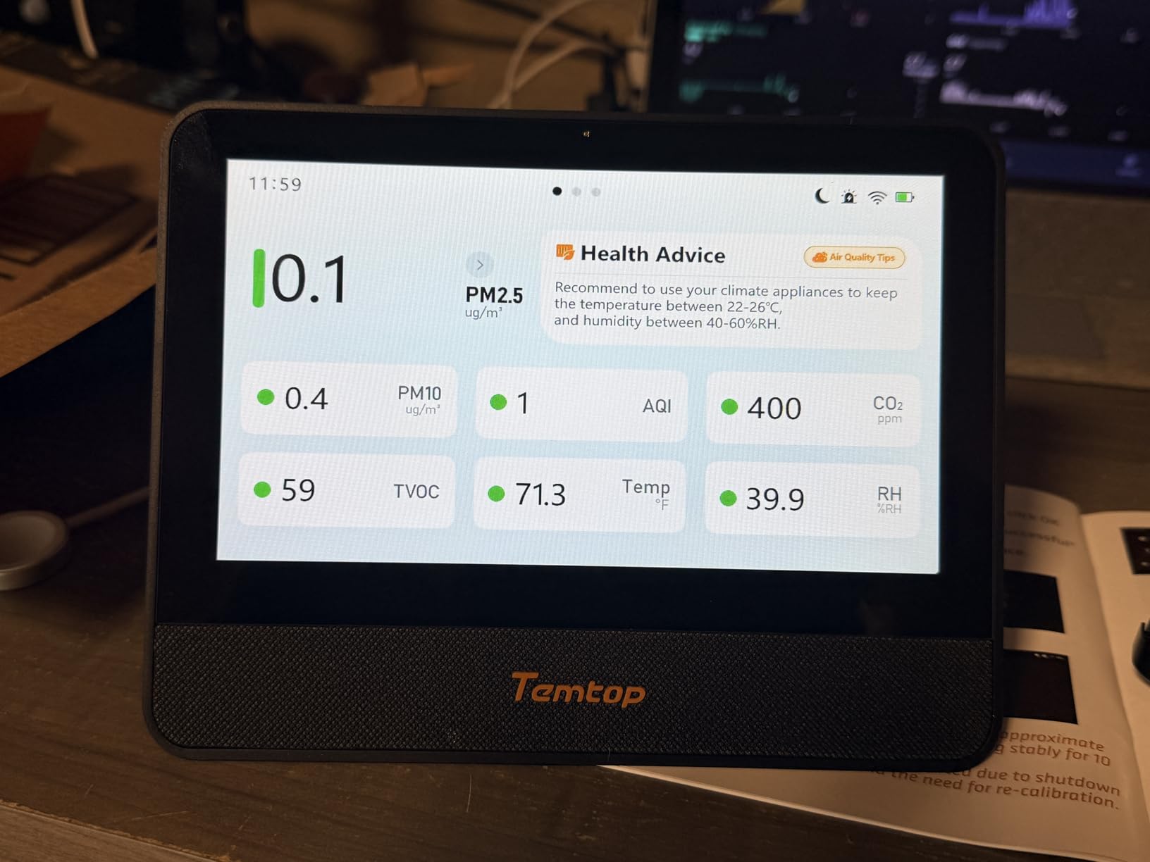 Temtop M100 2nd Gen Air Quality Monitor for Indoor Air, 7-Inch Touch Screen, Real-Time Tester for PM2.5, CO2, TVOC, Temp & Humidity, WiFi App & Multi-Room Monitoring with Smart Insights customer photo 1