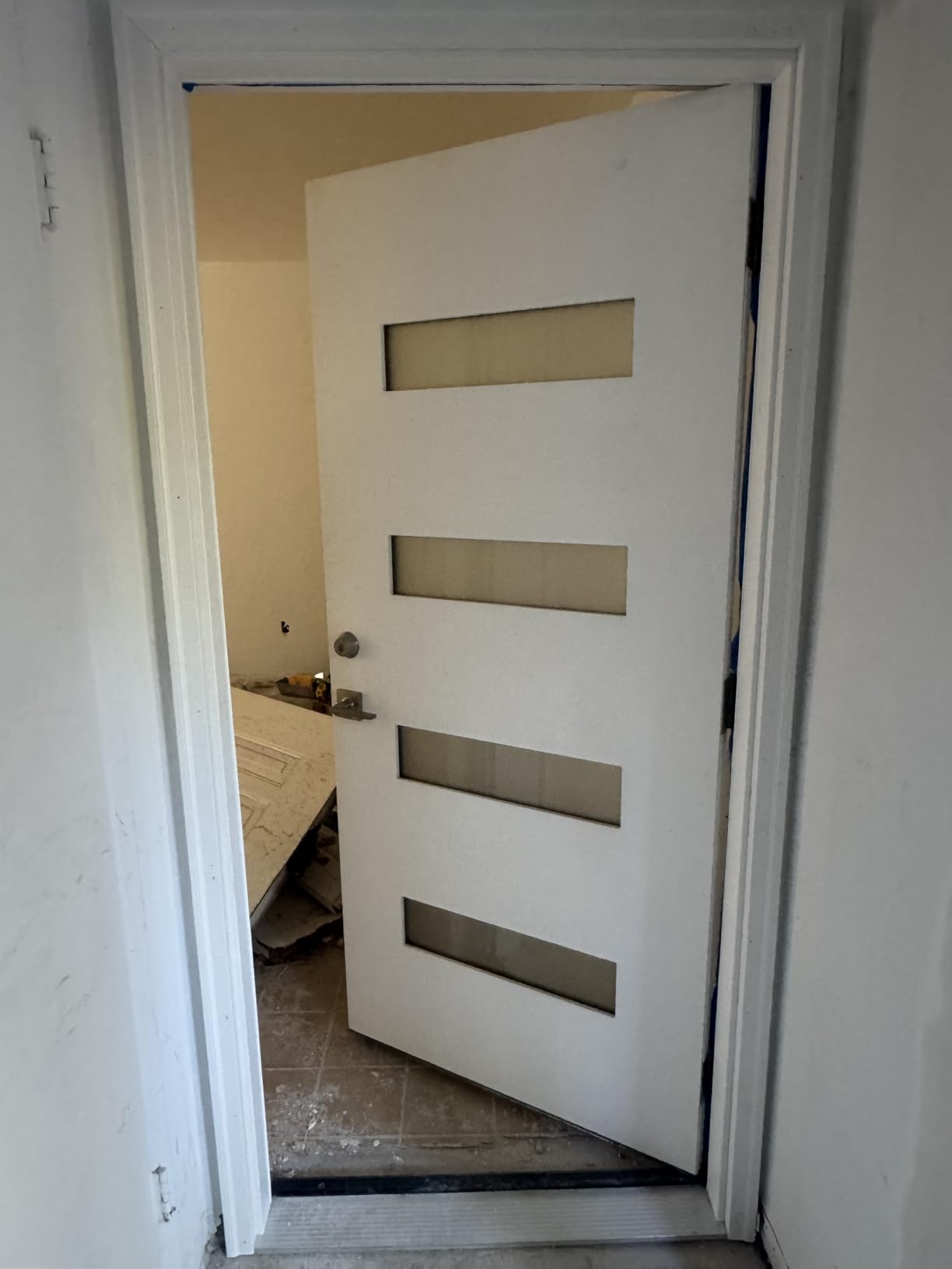 36'' x 80'' Fiberglass Door Slab, Black Exterior Door Slab with Pre-Cut Hinge Mortises and Lockset Hole, Right-Hand Inswing/Outswing, Woodgrain Finish and 4 Lite Frost Glass customer photo 2