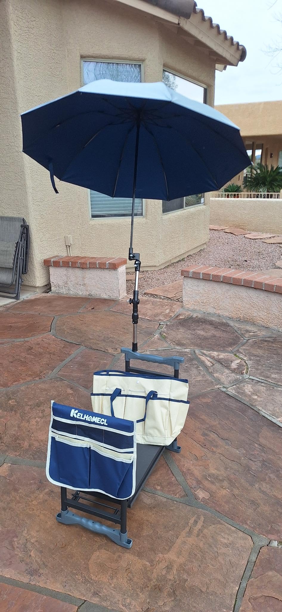 Garden Kneeler and Seat with Umbrella, 2-in-1 Foldable Gardening Stool with Adjustable Bracket, Detachable Tool Bags, Heavy Duty Kneeling Pad for Gardening (Beige Blue) customer photo 1