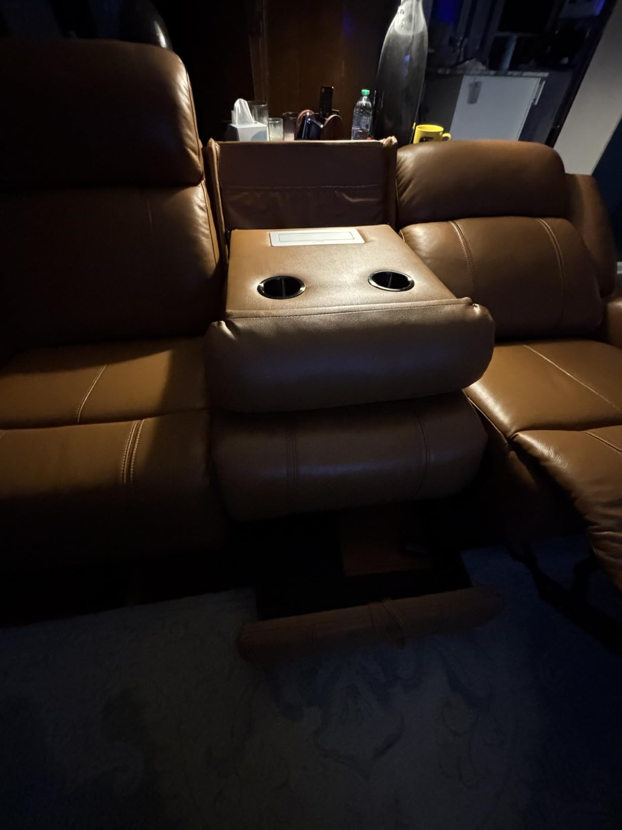 CHITA Genuine Leather Power Recliner Sofa, Wall Hugger Reclining Sofa with Drop Down Table, Power Headrest, Drawers, Charging Ports, Reclining Sectional Couch for Living Room, RV, Saddle customer photo 1