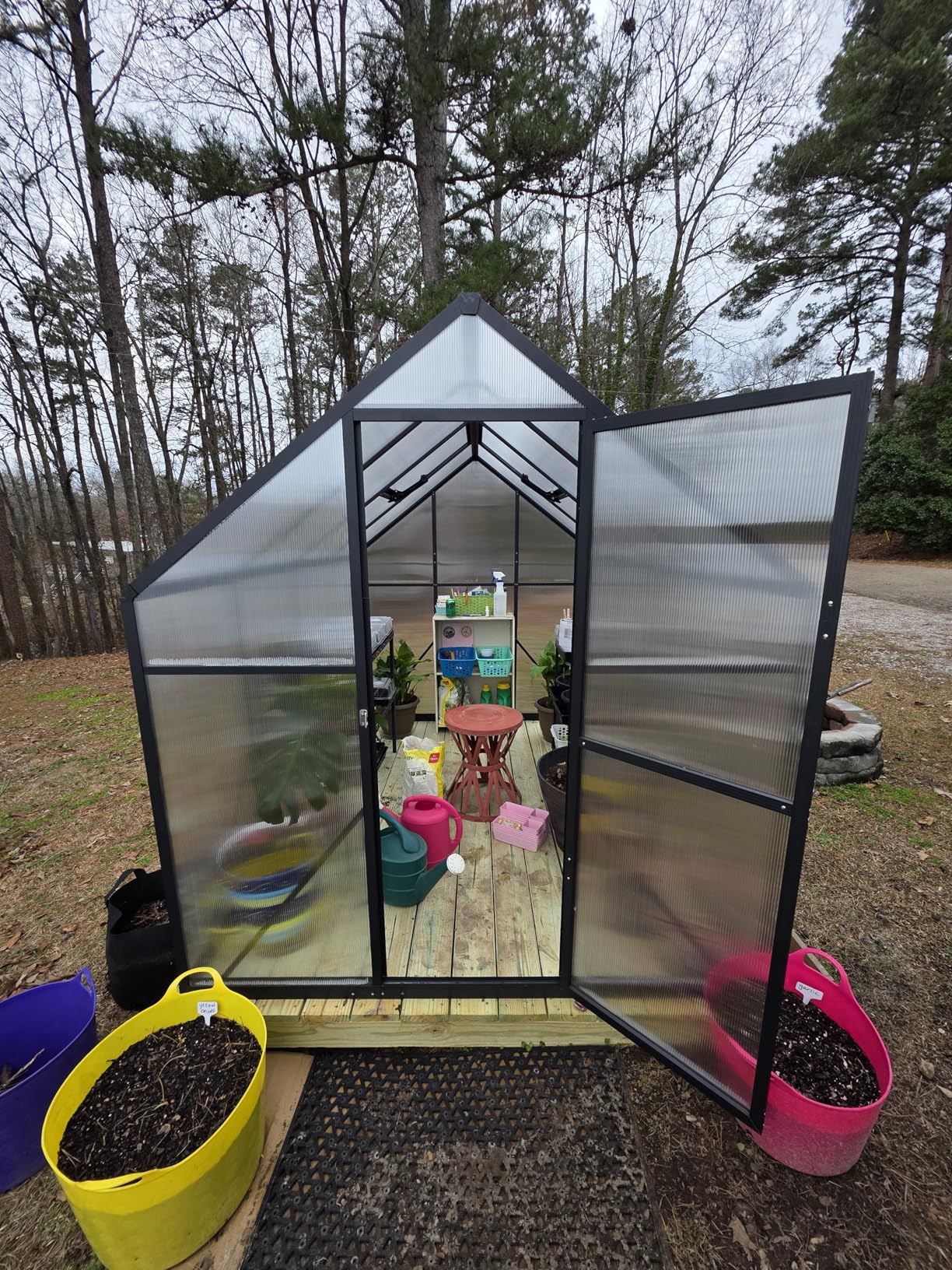 Jocisland 8x10Ft Polycarbonate Greenhouse, Heavy Duty Aluminum Frame with 2 Windows & Swing Doors, Outdoor Garden Greenhouses for Backyard, Black customer photo 1