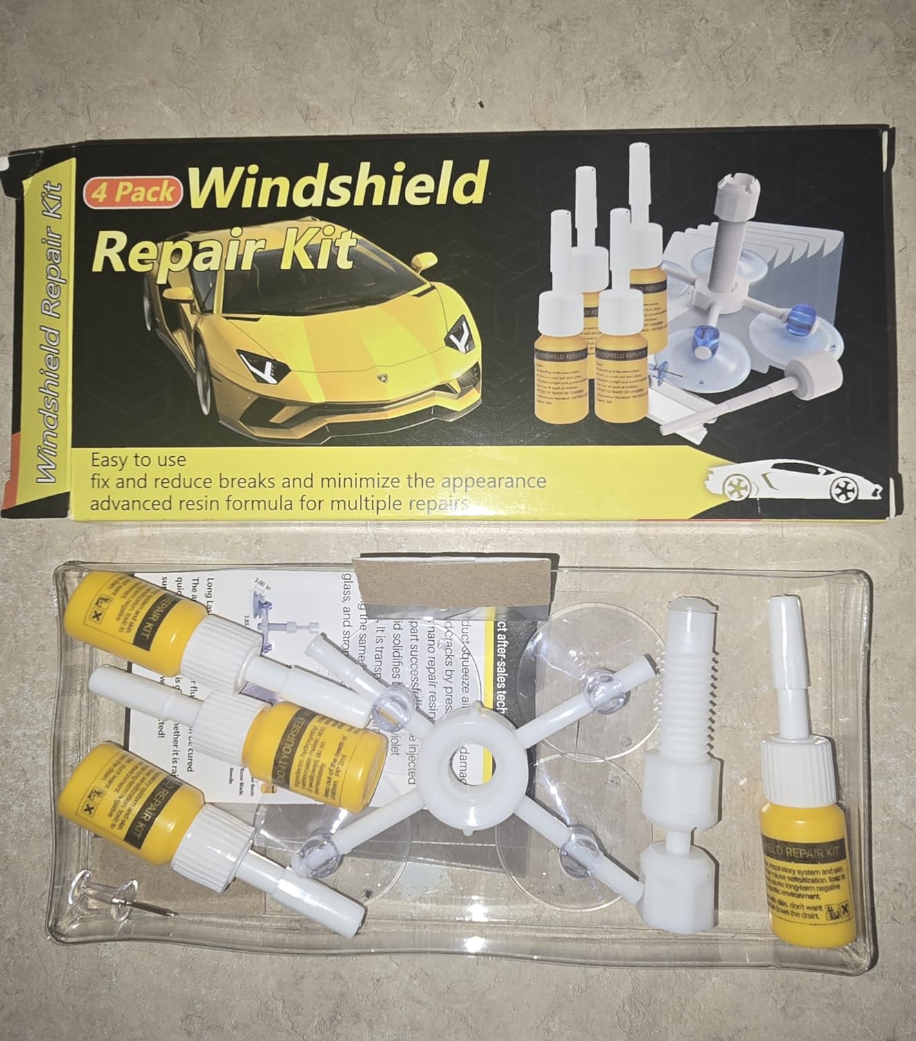 CLAMPER Windshield Repair Kit, Windshield Crack Repair Kit 4 Pcs, Windscreen Repair Kit with Enhanced Injection Head Suction Cup UV Curing Light, Windshield Chip Repair Kit for Bulls-Eye (Yellow) customer photo 2