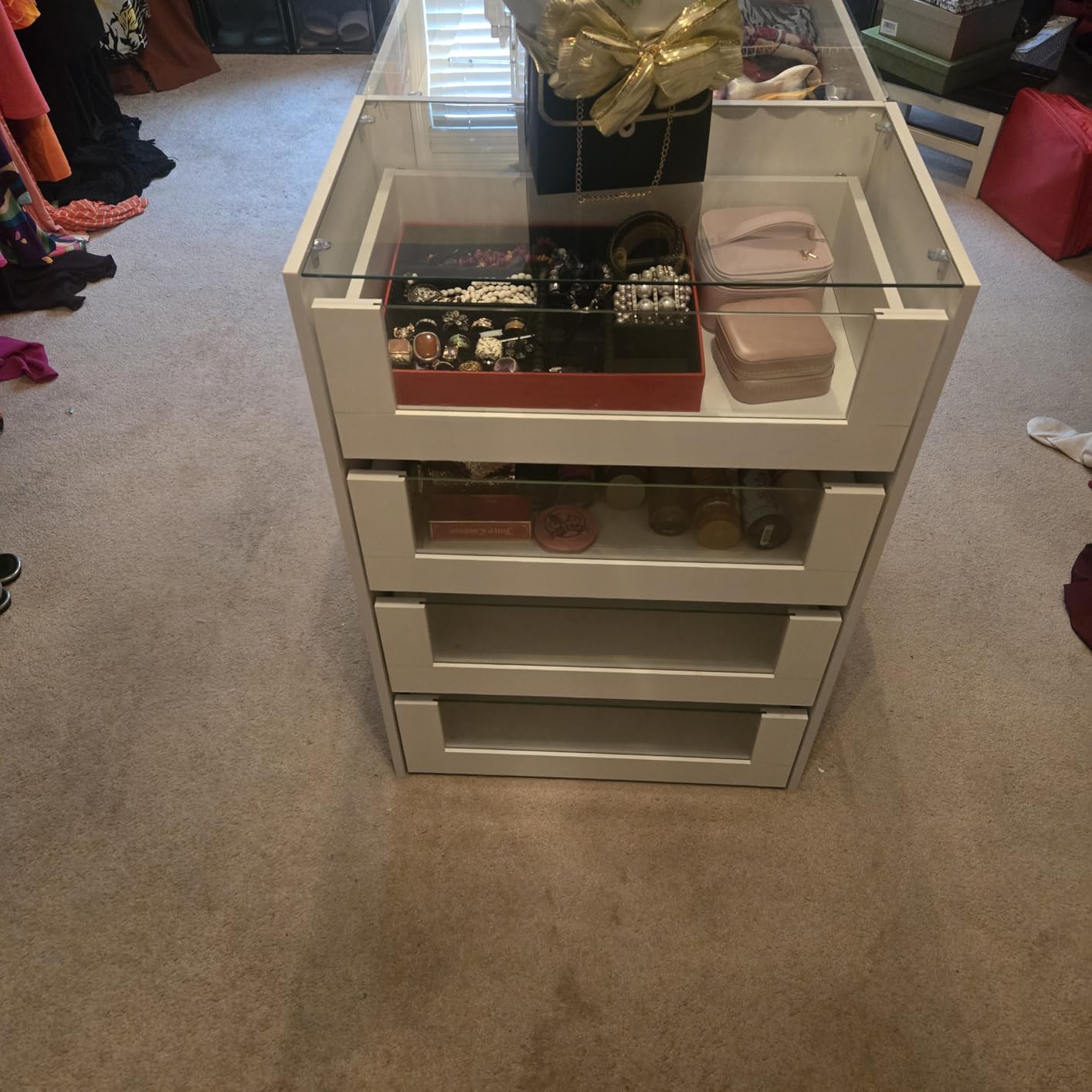 Closet Island with 10 Drawers & Glass Top, White Wardrobe Armoire Island with Display Shelves,Walk-in Closet Island for Bedroom, Cloakroom customer photo 2