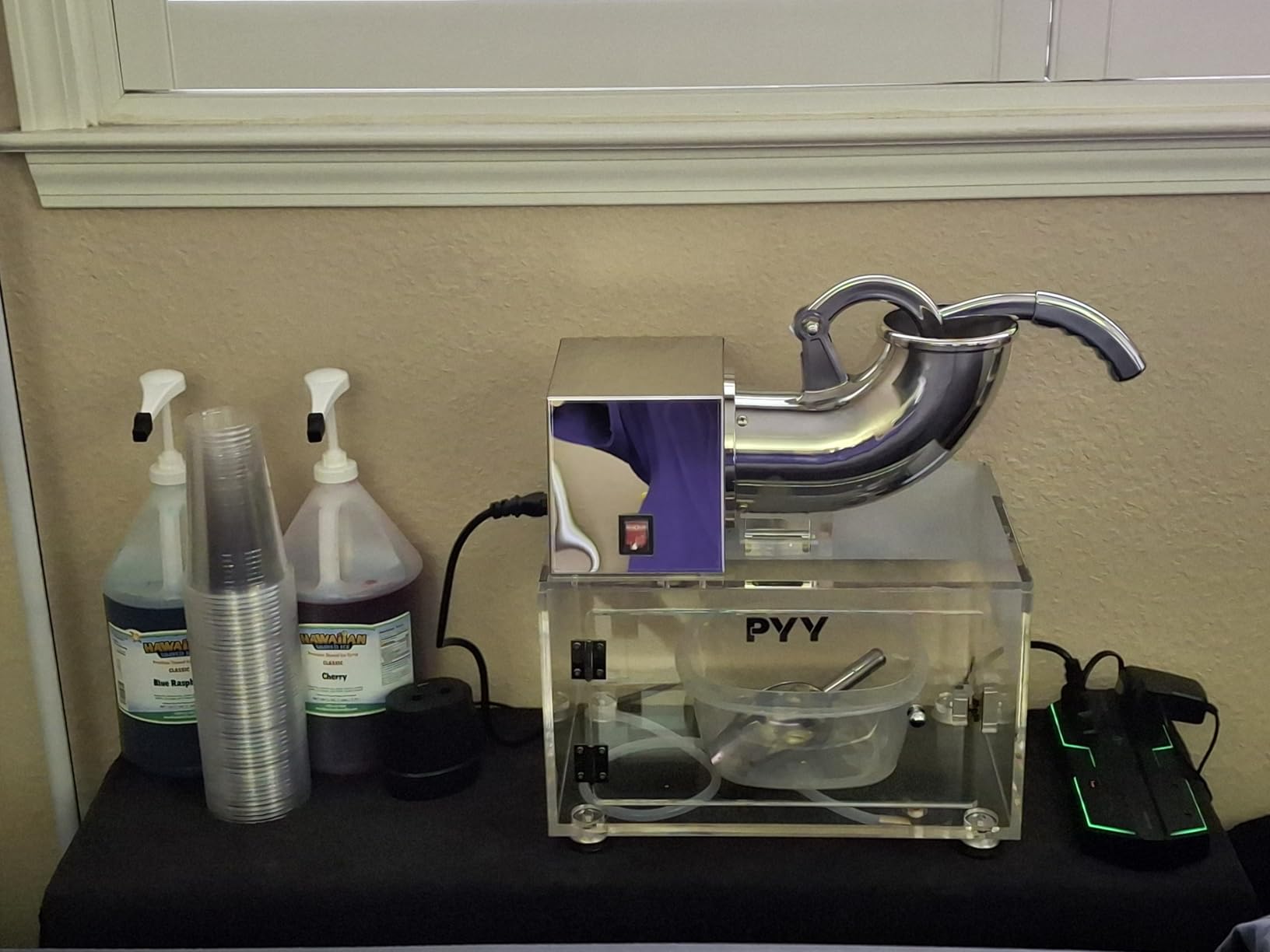 PYY Snow Cone Machine - Commercial Ice Crusher Shaver, Electric Crushed Shaved Snowcone Maker, All-Copper Motor 440LBS/H 1400RPM, Stainless Steel Full Body, Dual Blades, Acrylic Box and Drain Pipe customer photo 1