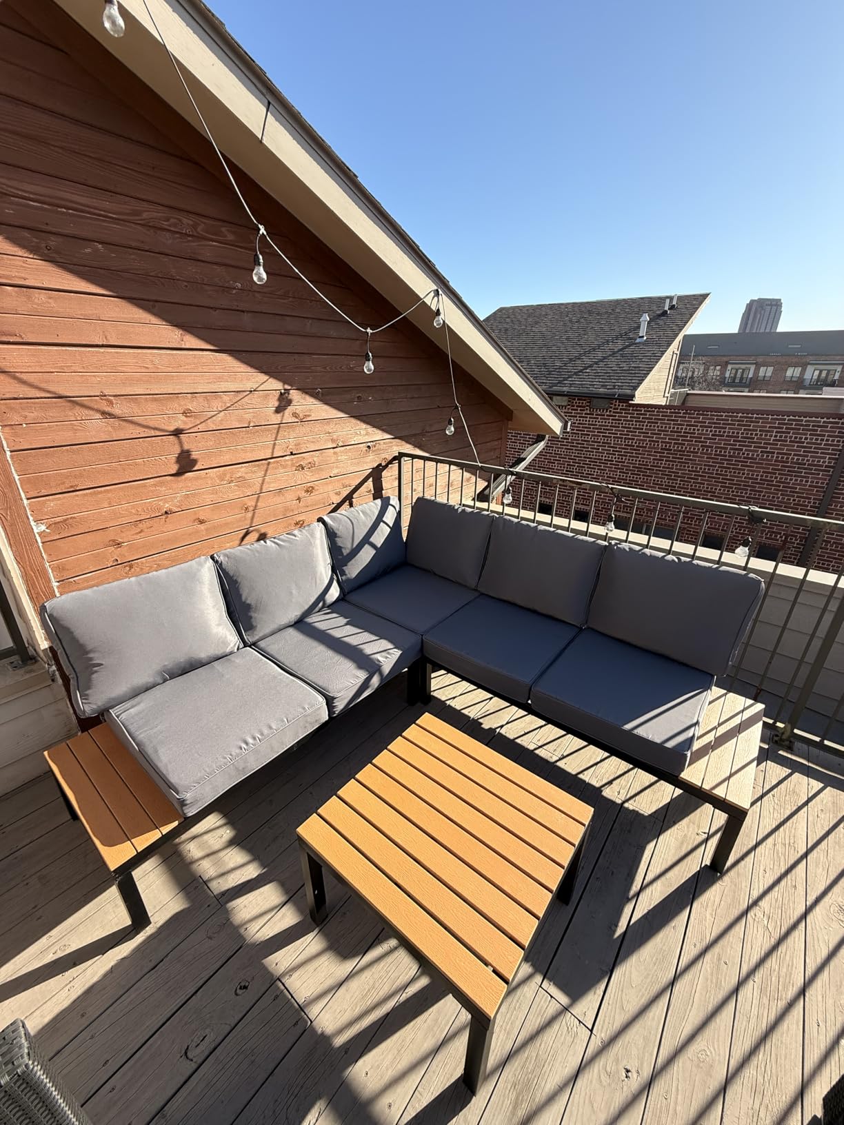 5-Person Outdoor Patio Furniture Set, Durable Metal Frame Outdoor Sectional with Wood-Look Table & Waterproof Cushions, All-Weather Conversation Set for Garden, Balcony, Poolside-Beige customer photo 1