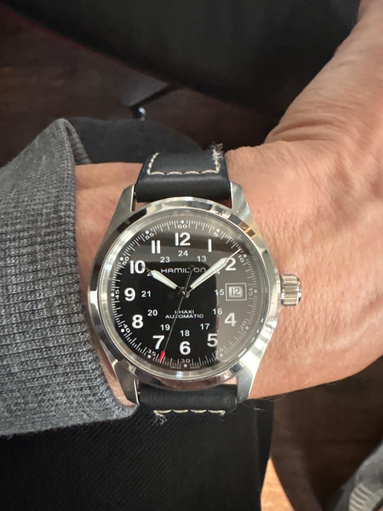 Hamilton Khaki Field Automatic Men's Watch, 38mm Stainless Steel Case, Swiss Made, Black Dial Analog Wrist Watch for Men, 100m Waterproof, Sapphire Crystal, 3-Hand Movement, Cow Leather Strap customer photo 1