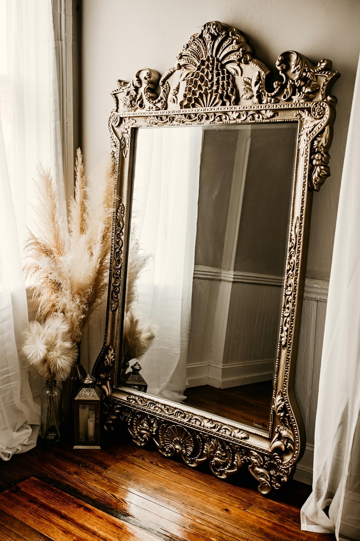 Howard Elliott Marquette Antique Oversized Full Length Mirror, Ornate Full Body Standing Floor Mirror, Large Leaning Wall Mirror for Bedroom & Living Room, Silver Leaf, 49