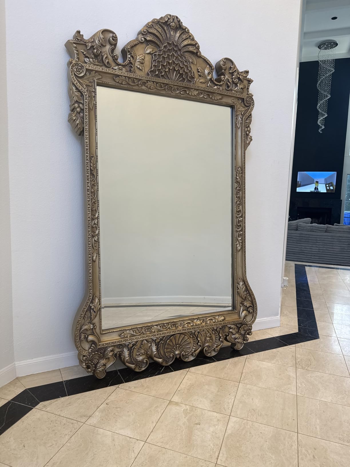 Howard Elliott Marquette Antique Oversized Full Length Mirror, Ornate Full Body Standing Floor Mirror, Large Leaning Wall Mirror for Bedroom & Living Room, Silver Leaf, 49