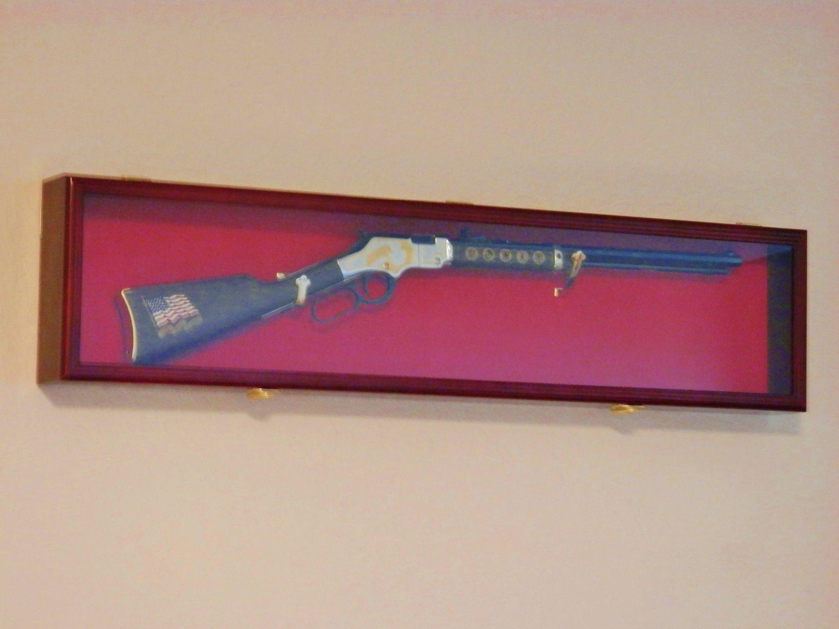 Single Rifle Display Case Wall Rack Cabinet w/UV Protection - Lockable, Cherry customer photo 2