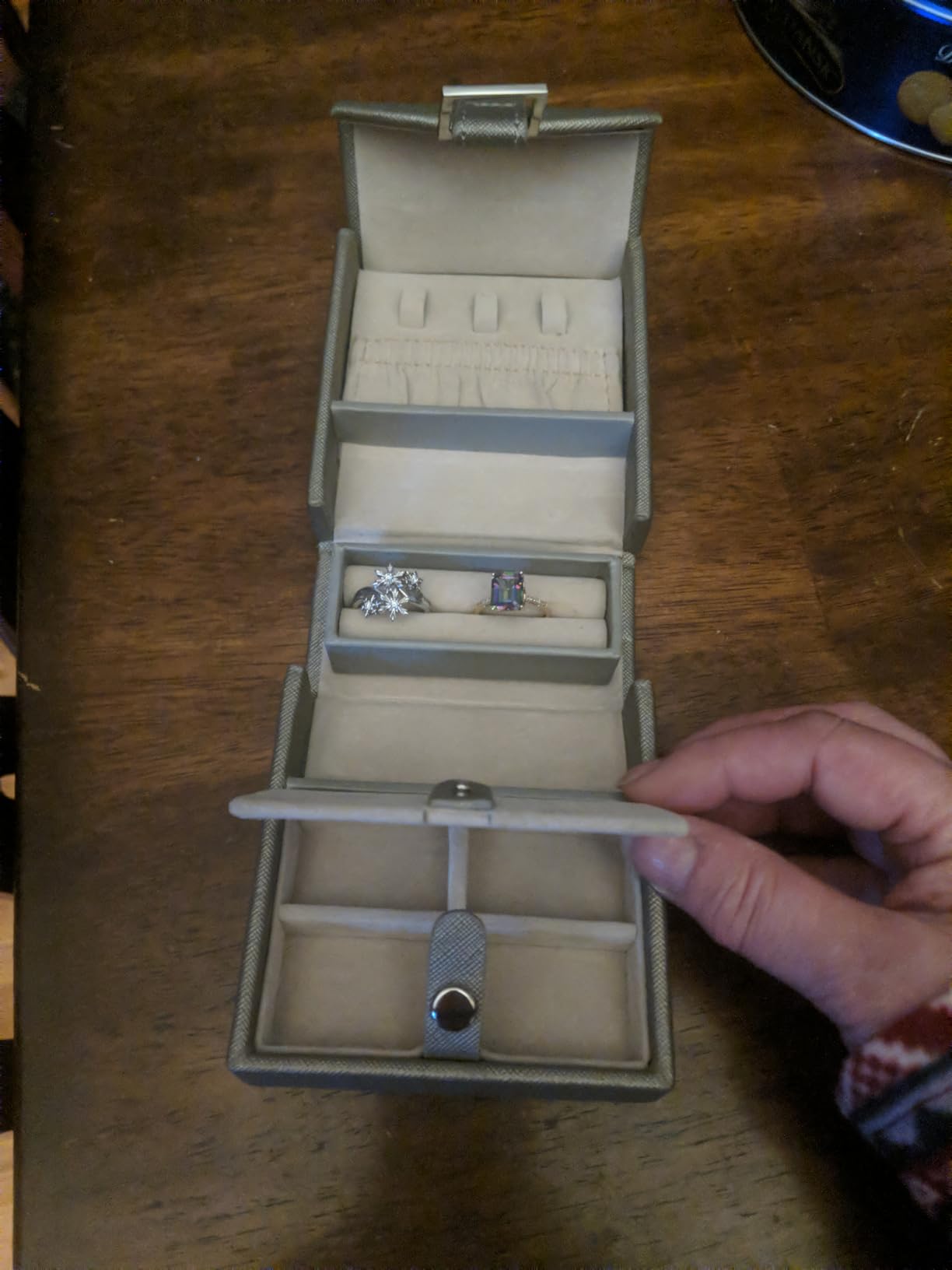 WOLF Heritage Fold-Out Jewelry Box, Black - Three Compartments, One Ring Roll + Three Necklace Hooks customer photo 1