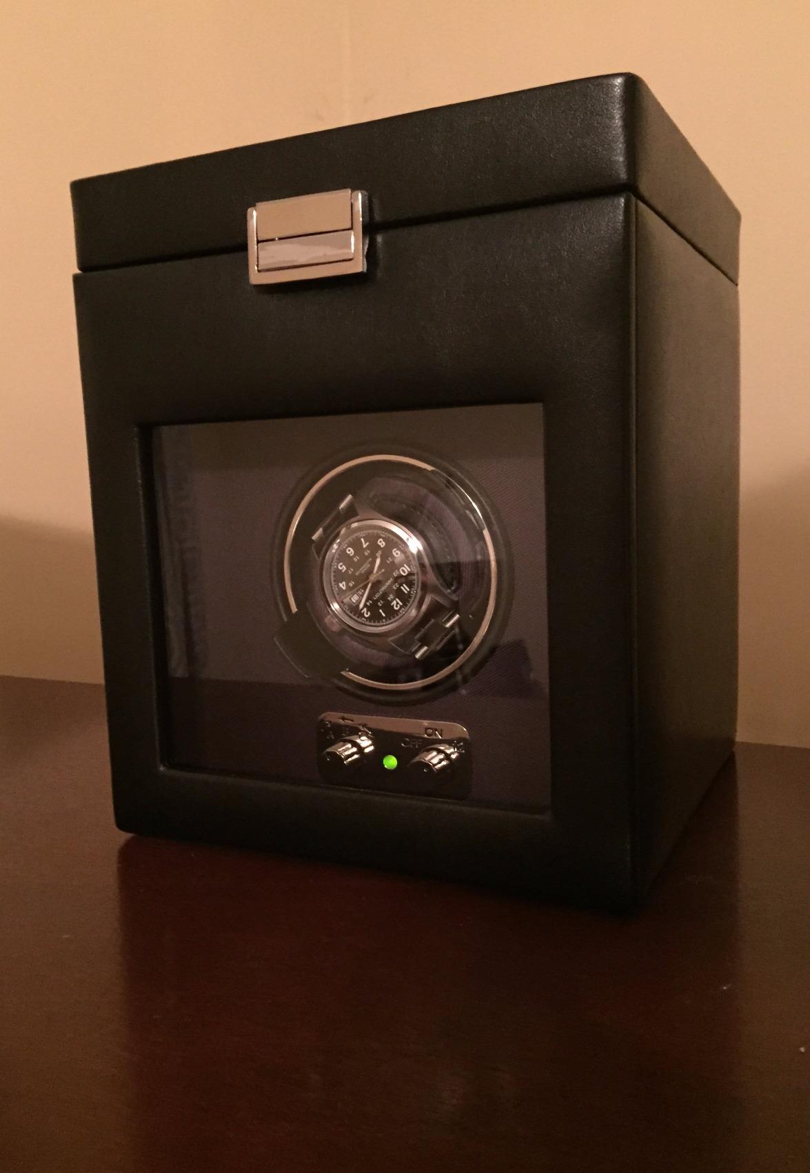 WOLF Heritage Single Winder with Storage, Black - Secure Fit with Patented Lock-In Dynamic Cuff - For Bigger, Heavier Watches - Vegan Leather & Glass Cover customer photo 1