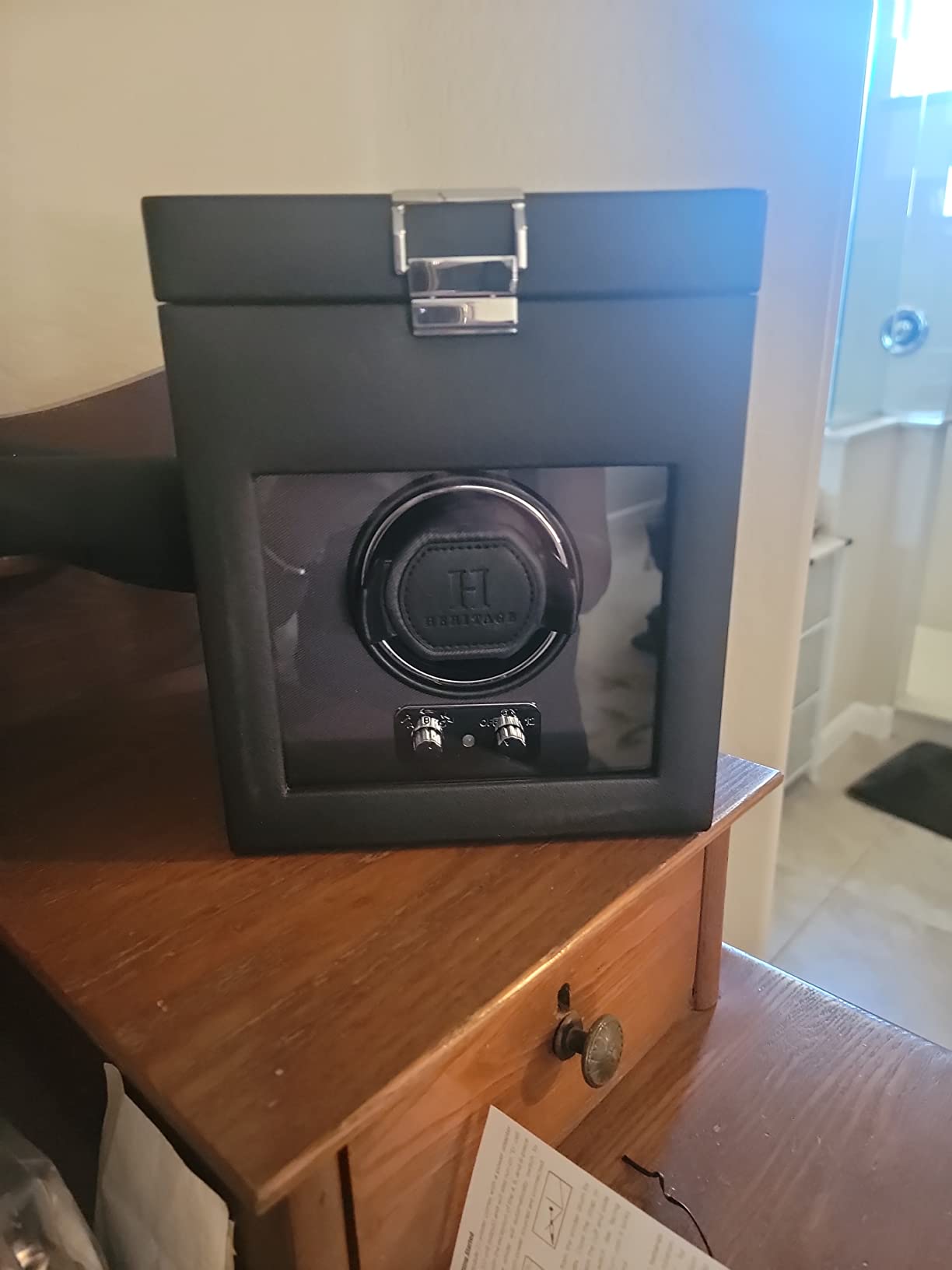 WOLF Heritage Single Winder with Storage, Black - Secure Fit with Patented Lock-In Dynamic Cuff - For Bigger, Heavier Watches - Vegan Leather & Glass Cover customer photo 2