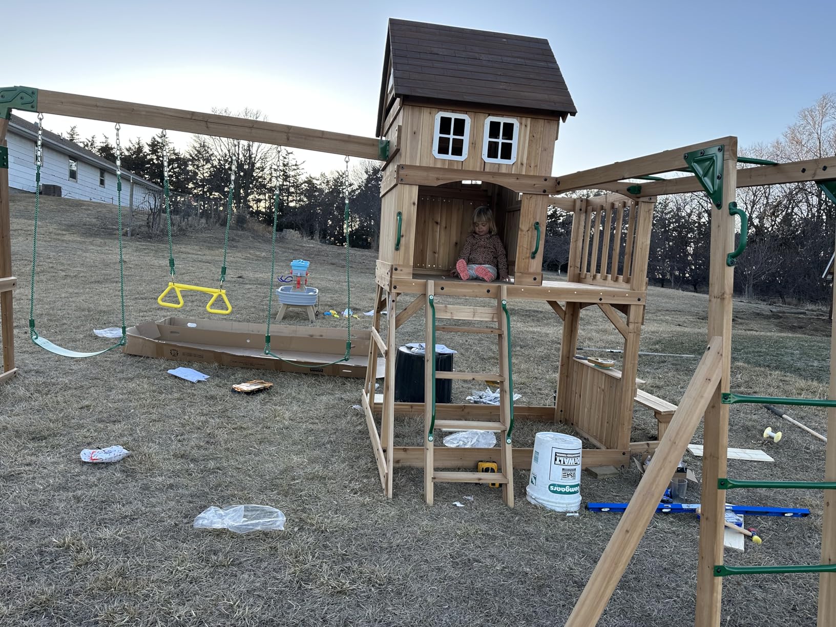 Backyard Discovery Montpelier Cedar Wood Swing Set, Ages 3-6 Years, Wave Slide, Clubhouse, Monkey Bars, Picnic Area, Belt Swings, Trapeze, Balcony, Playhouse, Door, Ladder, Outdoor Playset customer photo 1