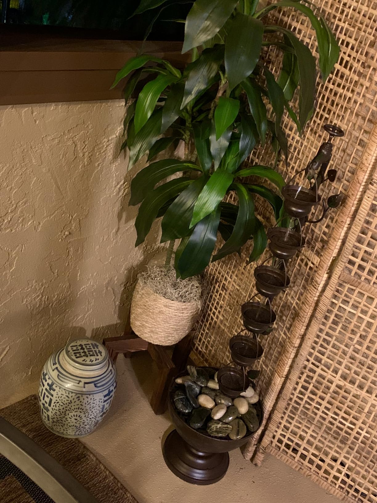 MAZ254 Outdoor Floor Tiered Vintage Water Fountain w/ 6 Hanging Cups, Soothing Tier Waterfall, 38