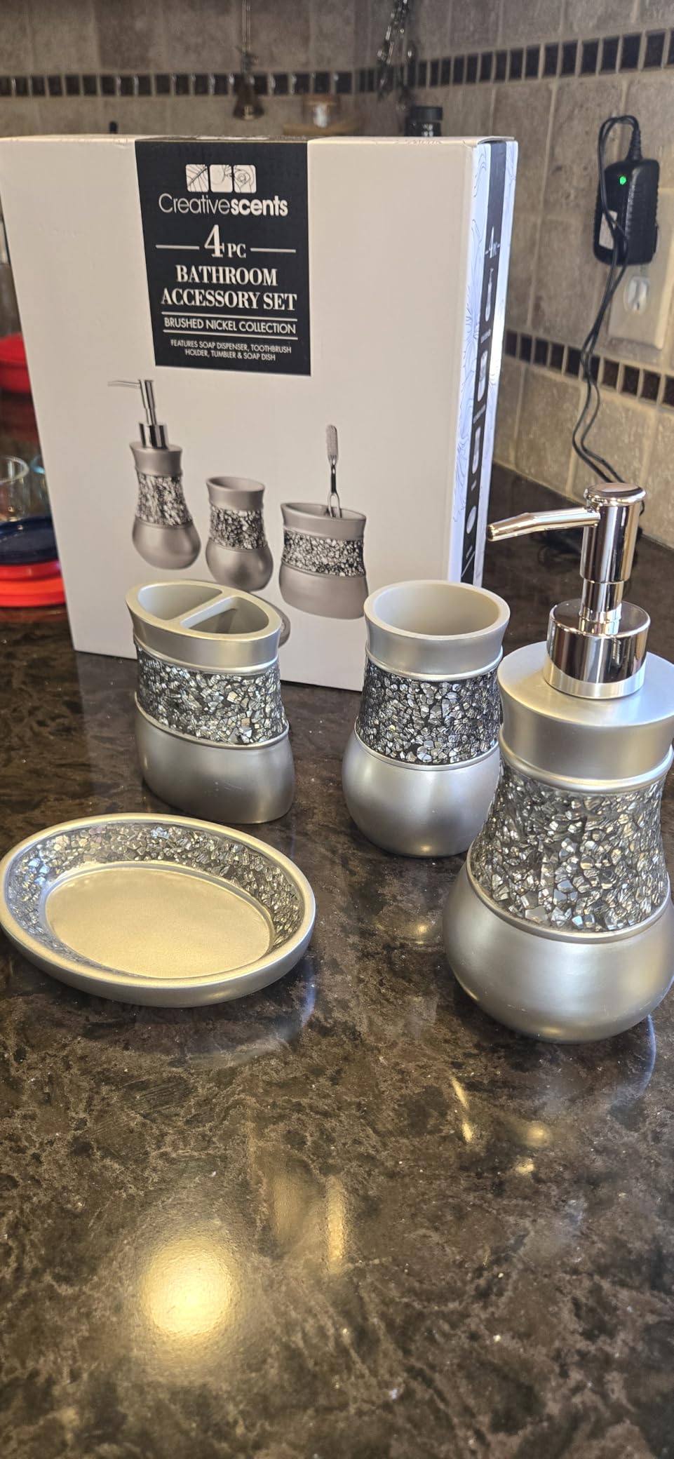 Creative Scents Crackled Glass Silver Bathroom Accessory Set - 4-Piece Vanity Set with Lotion Soap Dispenser, Toothbrush Holder, Tumbler, and Soap Dish customer photo 1