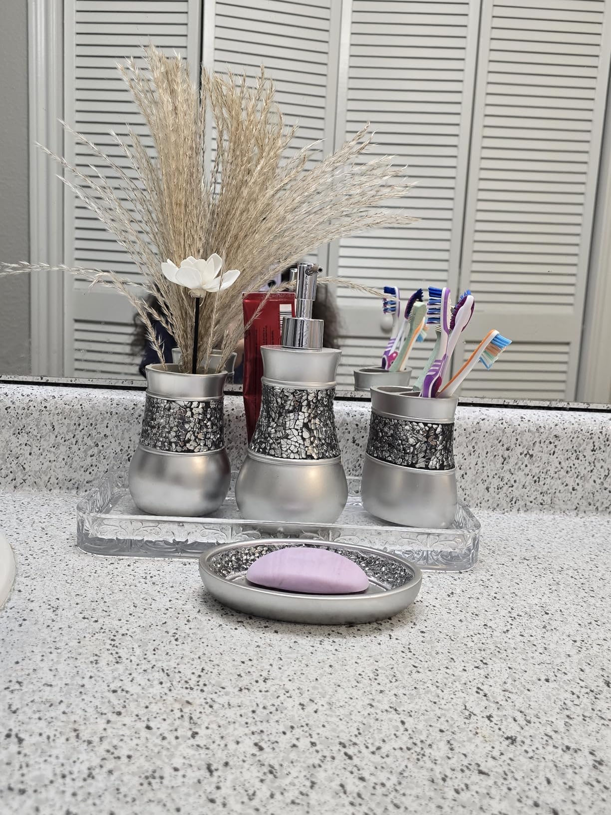 Creative Scents Crackled Glass Silver Bathroom Accessory Set - 4-Piece Vanity Set with Lotion Soap Dispenser, Toothbrush Holder, Tumbler, and Soap Dish customer photo 2
