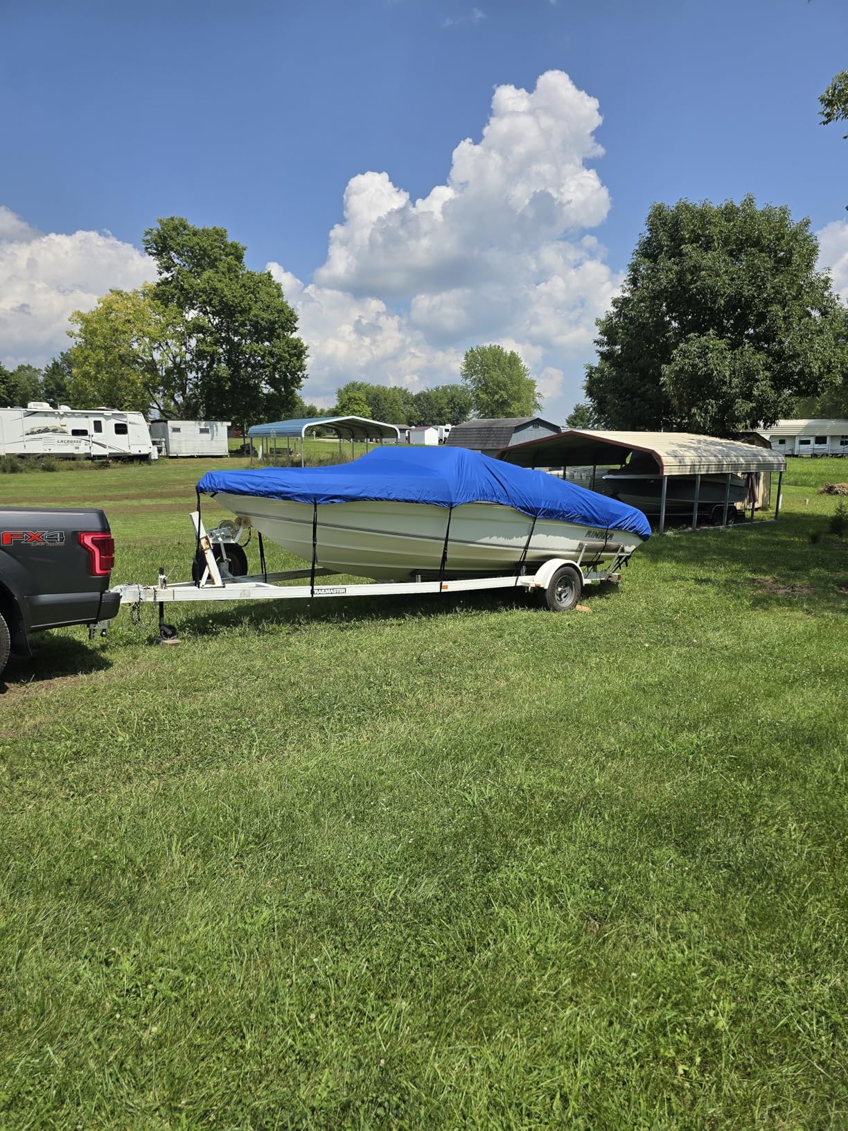 Heavy Duty Oxford Ployester Made Trailerable Boat Cover,Fits V-Hull,Tri-Hull, Runabout Boat Cover (Model D - Length:17'-19' Beam Width: up to 96