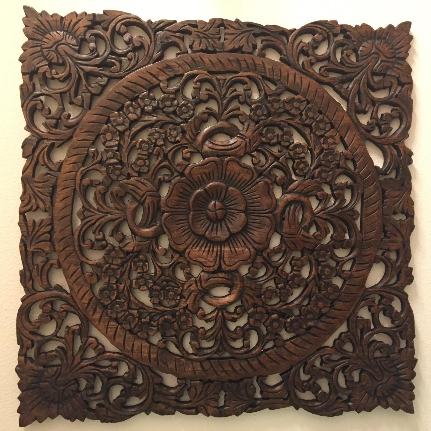 Carved Wood Wall Art- Oriental Carved Lotus Wood Plaque 24