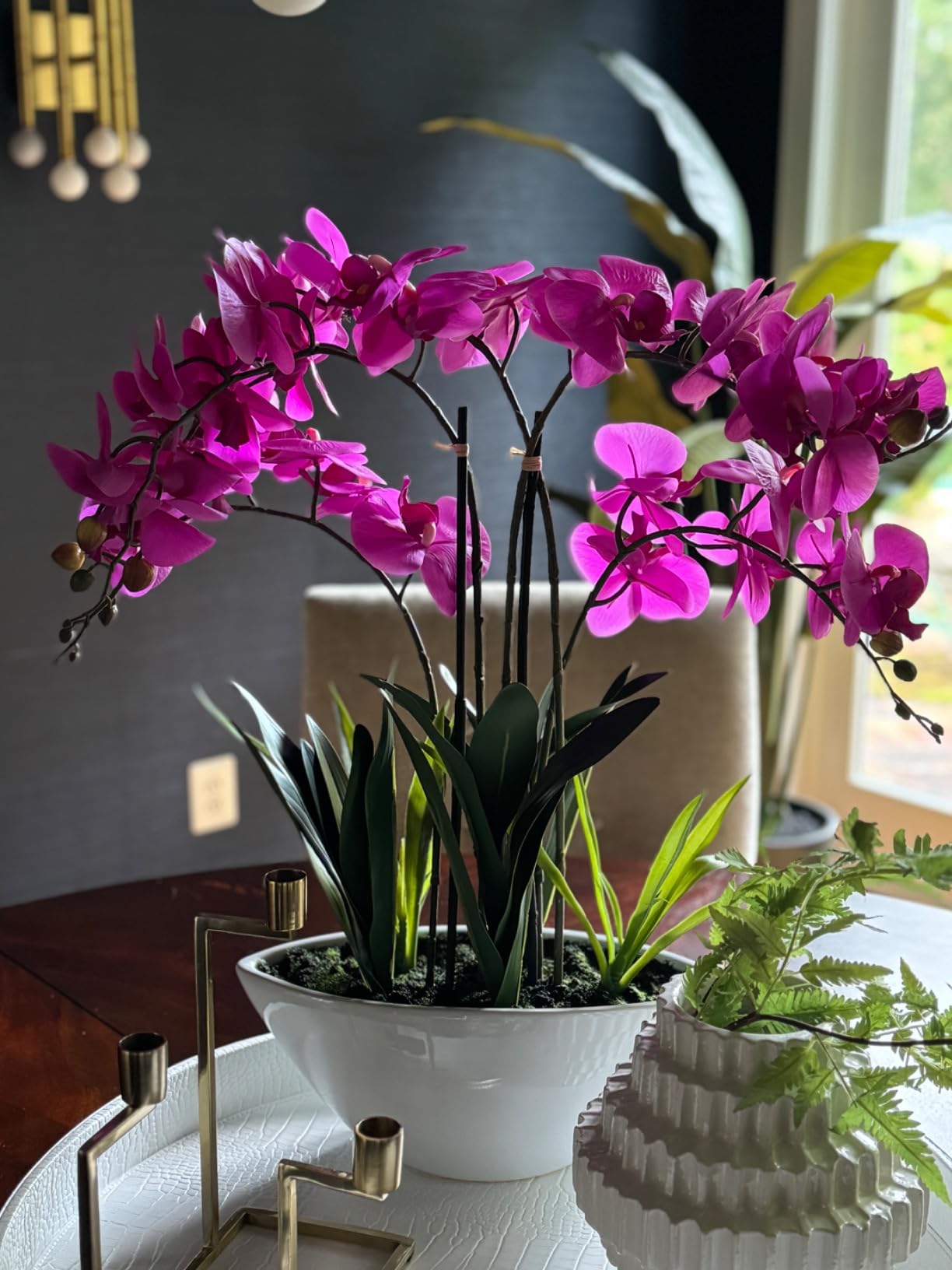 Dahlia Studios Potted Silk Faux Artificial Flowers Arrangement Realistic Pink Orchid in White Ceramic Oval Pot for Cottage Core Home Decoration Living Room Office Bedroom Bathroom Kitchen 28