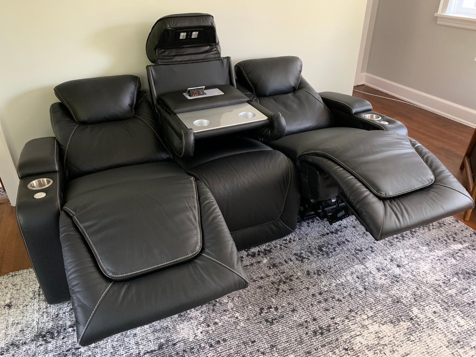 Seatcraft Vienna Home Theater Seating - Living Room - Italian Leather - Power Recline - Power Headrest - Powered Lumbar - USB Charging - Cup Holders - (Sofa with Fold Down Table, Black) customer photo 1