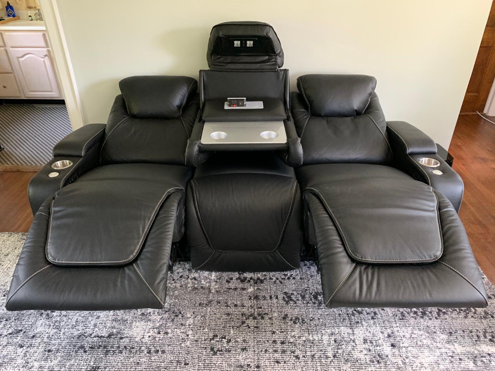 Seatcraft Vienna Home Theater Seating - Living Room - Italian Leather - Power Recline - Power Headrest - Powered Lumbar - USB Charging - Cup Holders - (Sofa with Fold Down Table, Black) customer photo 2