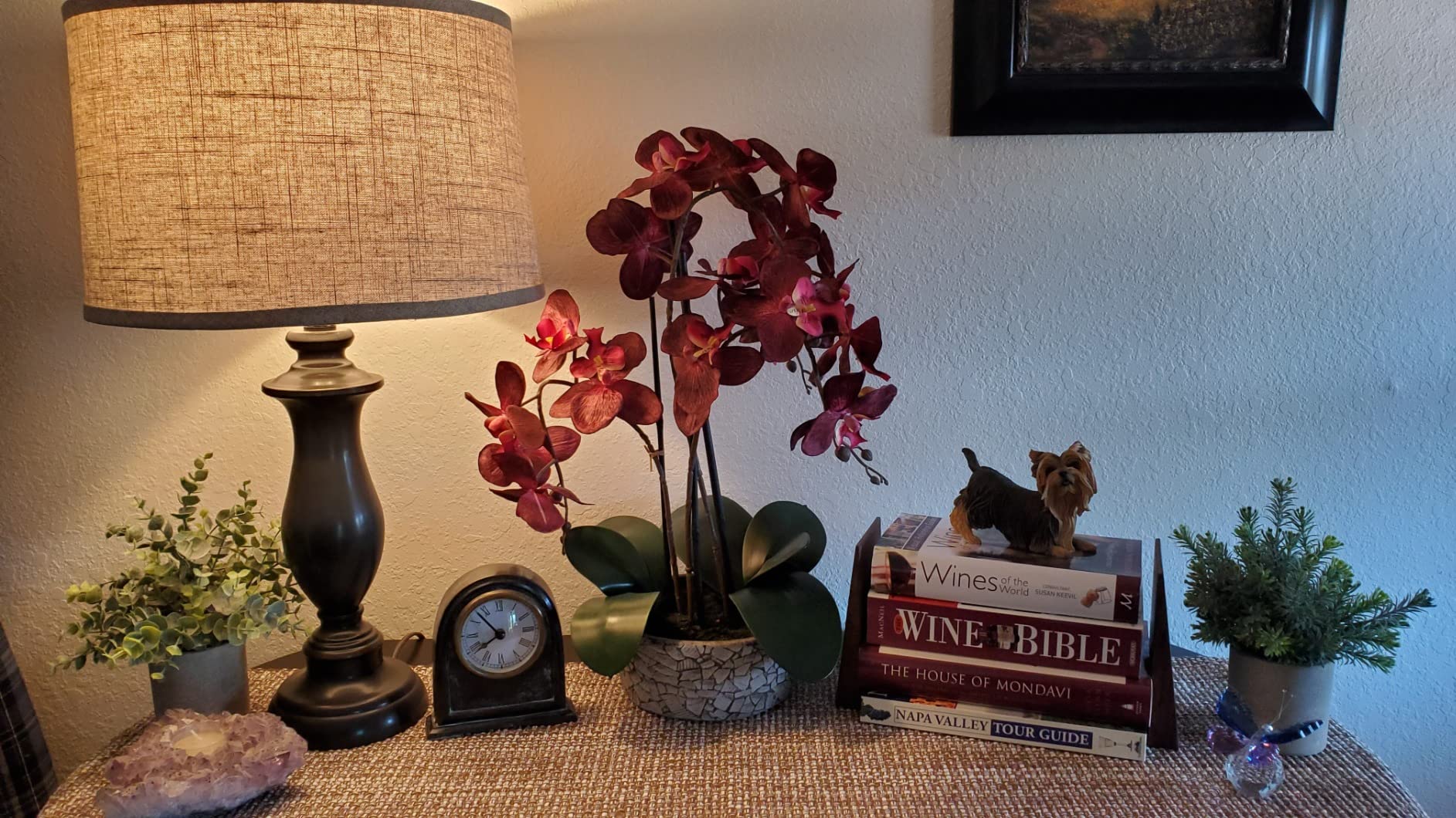 Studio 55D Potted Silk Faux Artificial Flower Arrangement Realistic Red Orchid in Crackle Gray Vase for Home Decoration Living Room Office Bedroom Bathroom Kitchen Dining Room 24