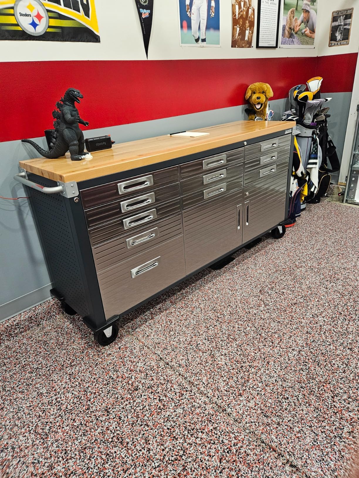 Seville Classics UltraHD Heavy Duty Rolling Cabinet Workbench Table w/Solid Wood Top, Workstation for Garage, Warehouse, Office, Workshop, 77