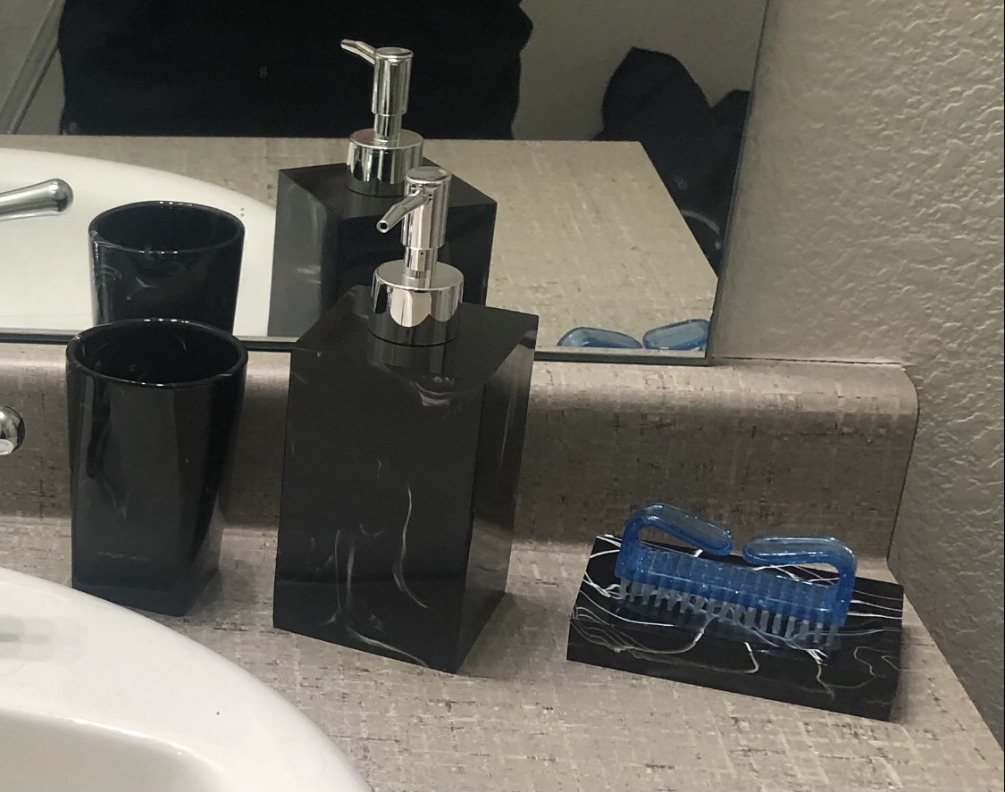 5-Piece Bathroom Counter Top Accessory Set - Dispenser for Liquid Soap or Lotion, Soap Dish, Toothbrush Holder and 2 Tumblers, Marble Pattern Resin (Ink White) customer photo 1