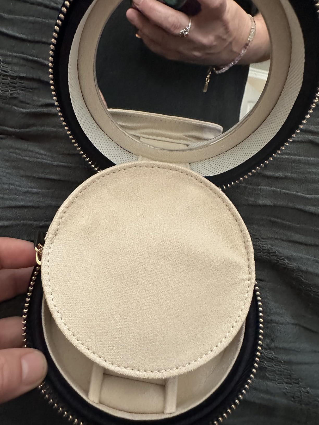 WOLF Zoe Travel Round Case, Forest Green - Seven Ring Rolls, Two Compartments, Zip Pouch & Mirror - Anti-Tarnish LusterLoc Lining customer photo 1