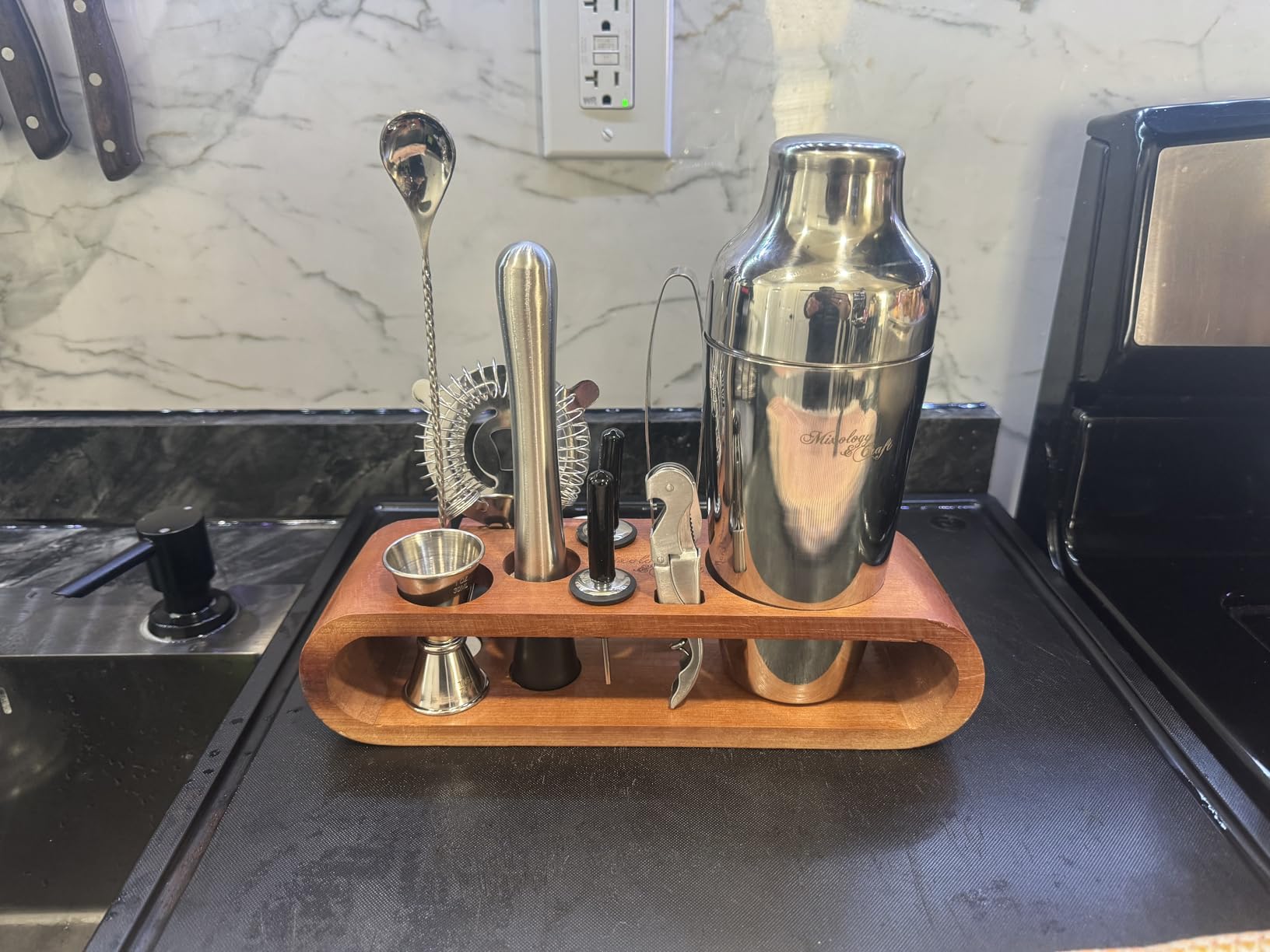 Mixology & Craft Cocktail Shaker Set with Dark Bamboo Stand - Professional 10-Piece Bartender Kit - Complete Bar Set & Cocktail Mixer Kit for Home (Gold) customer photo 1