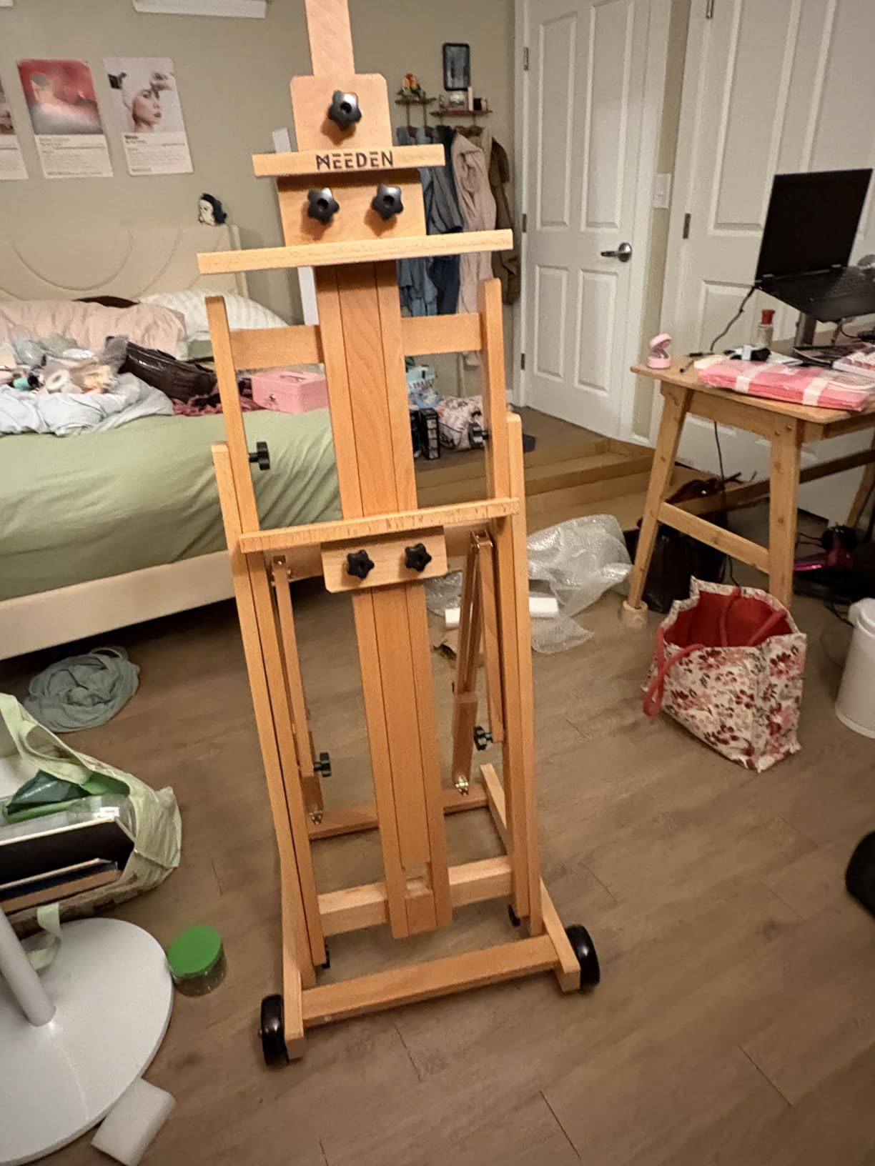 MEEDEN Versatile Studio H-Frame Easel - All Media Adjustable Beech Wood Studio Easel, Painting Floor Easel Stand, Movable and Tilting Flat Available, Holds Canvas Art up to 77