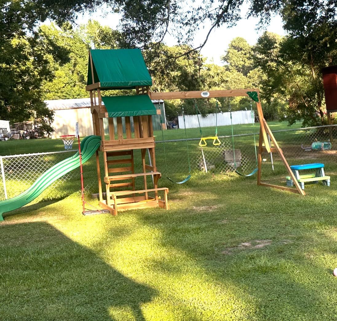Backyard Discovery Beach Front Cedar Wood Swing Set with Wave Slide, Play Deck, Monkey Bars, Rock Wall Ladder, Shaded Picnic Area, Snack Bar, Belt Swings, Trapeze, Sandbox Area, Outdoor Playset customer photo 2
