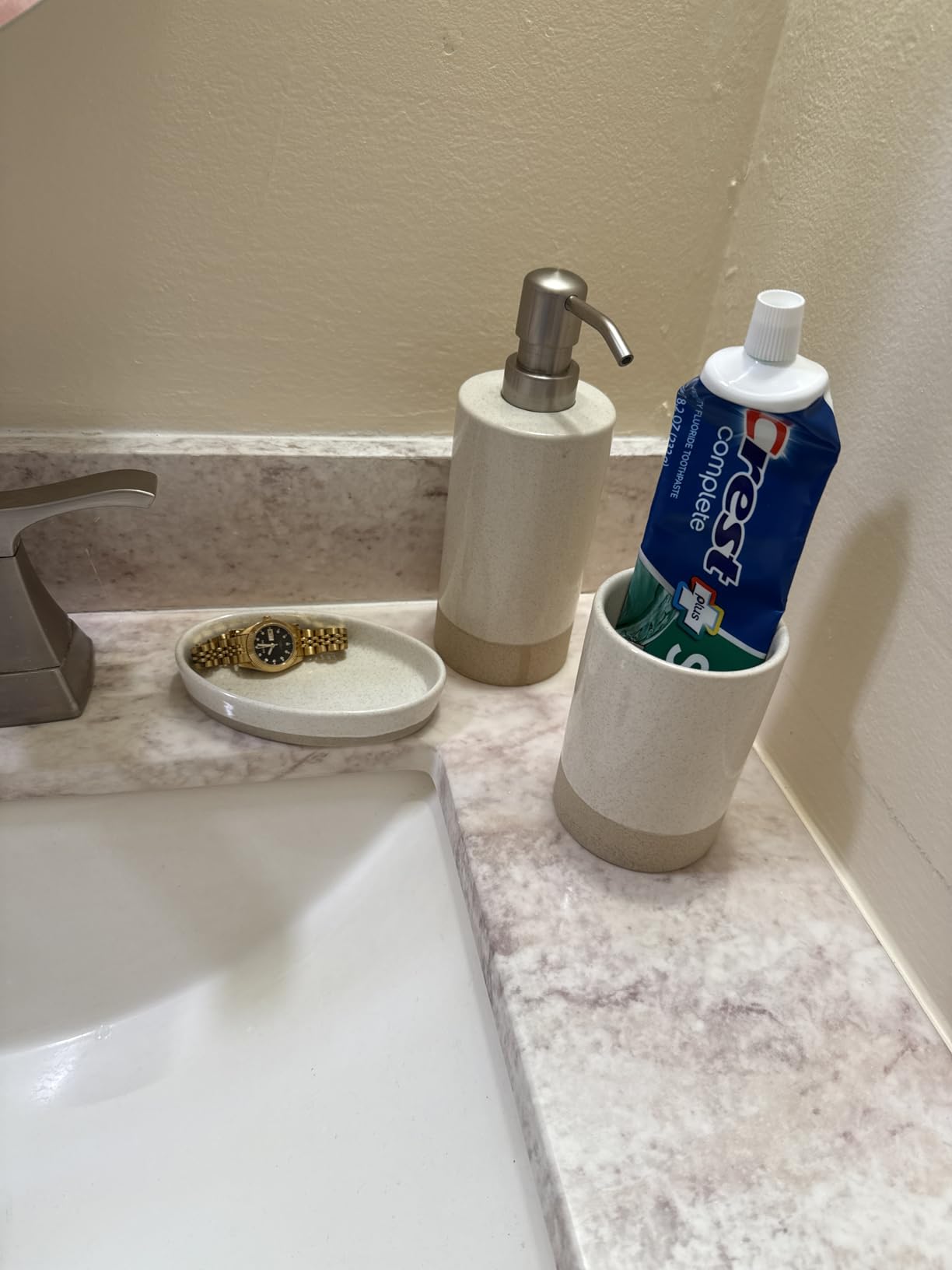 CAA'S Bathroom Accessories Set Ceramic 4 Pieces Bathroom Ensemble for Bath Decor Includes Lotion Dispenser, Toothbrush Holder, Tumbler, Soap Dish (White Inlaid Zircon) customer photo 1