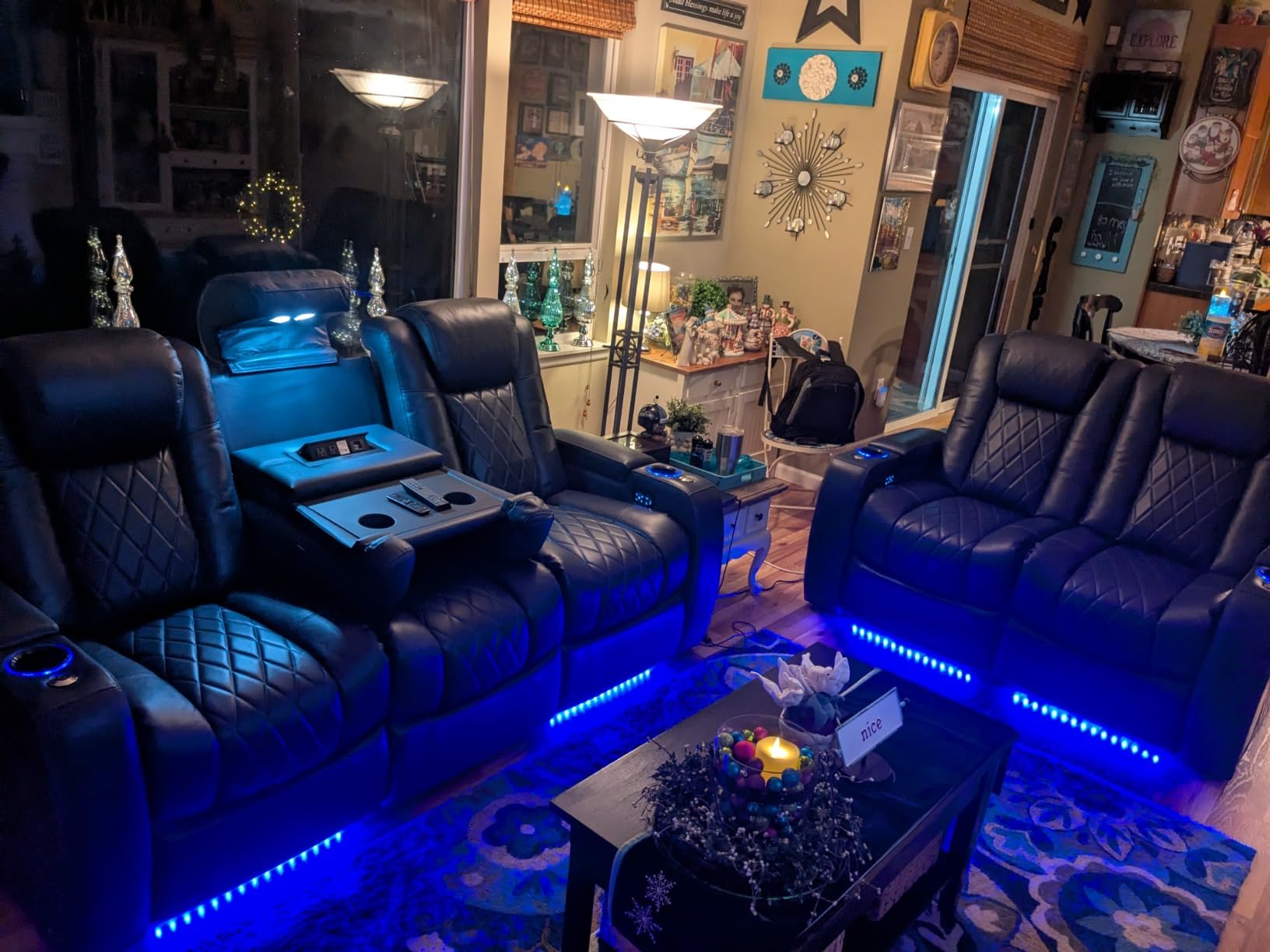 Valencia Home Theater Seating Tuscany 2025 3-Seat Power Recliner with Center Console - Top Grain Nappa 11000 Leather, Cool Gel Memory Foam, USB-C/A Charging, RGB Lights (Midnight Black) customer photo 2