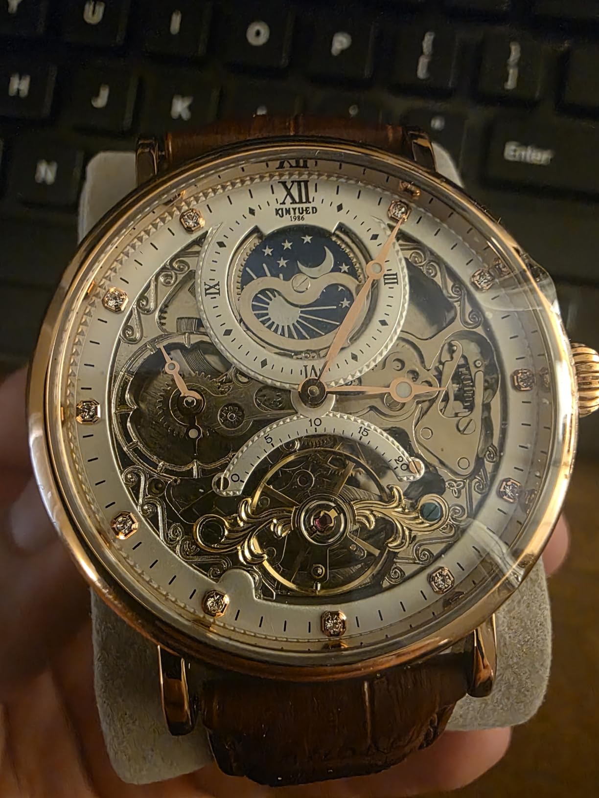 Bestn Mens Luxury Skeleton Automatic Mechanical Wrist Watches Leather Moon Phrase Luminous Hands Self-Wind Watch customer photo 1