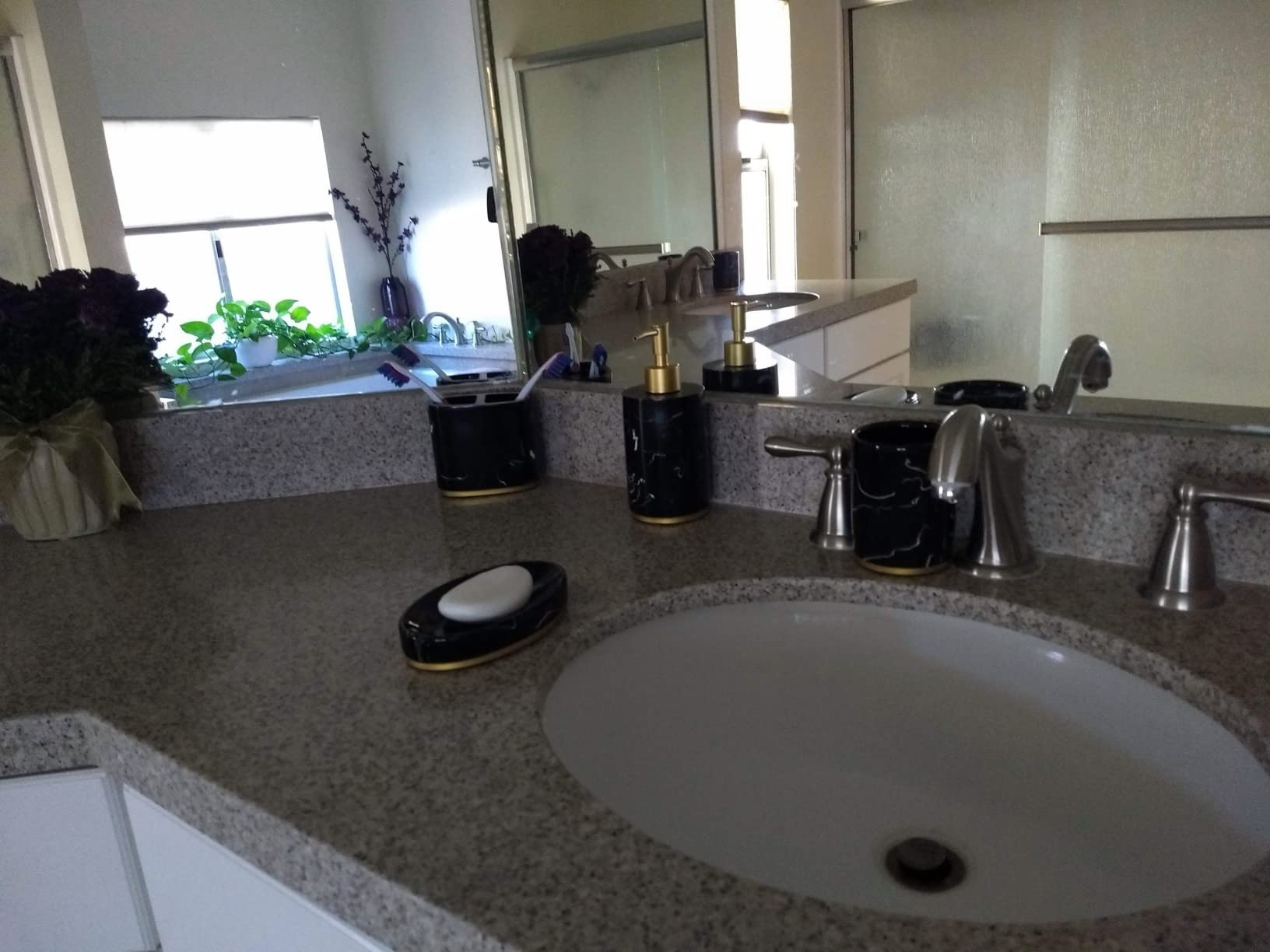 5-Piece Bathroom Counter Top Accessory Set - Dispenser for Liquid Soap or Lotion, Soap Dish, 2 Tumblers and Toothbrush Holder, Marble Pattern Resin (White) customer photo 1