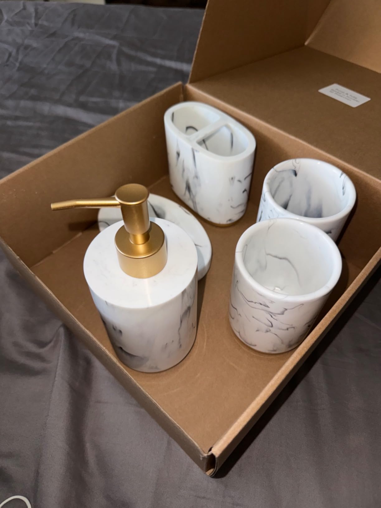 5-Piece Bathroom Counter Top Accessory Set - Dispenser for Liquid Soap or Lotion, Soap Dish, 2 Tumblers and Toothbrush Holder, Marble Pattern Resin (White) customer photo 2