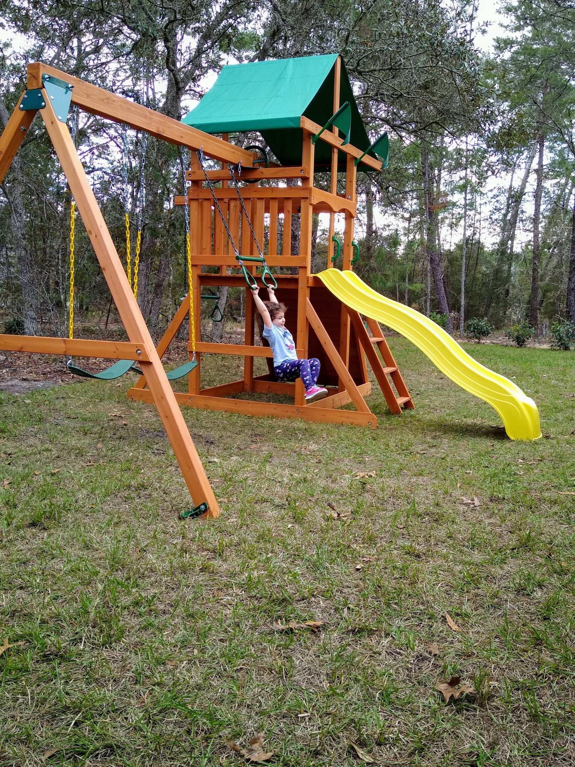Gorilla Playsets 01-1069-Y Outing Wood Swing Set with Wood Roof and Monkey Bars - Yellow Slide, Amber customer photo 2